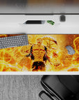 36x16 inches anime mouse pad in blazing orange glow with fiery orb, sharp shadows, and chaotic energy.