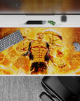40x20 inches anime mouse pad in fiery orange glow with gold flames and crackling energy for intense vibes.
