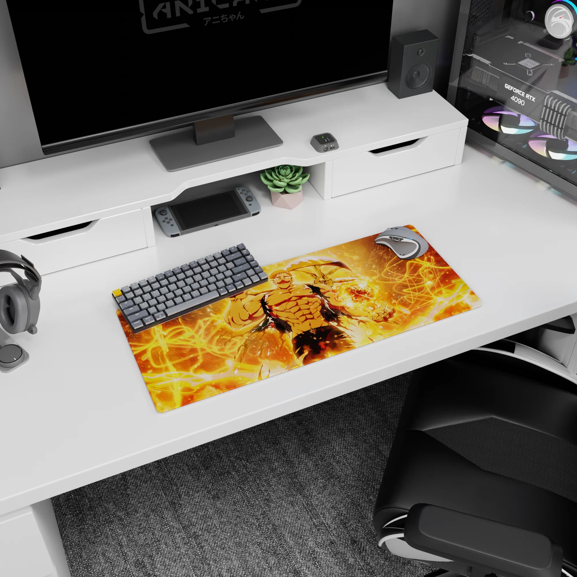 28x12 inches mouse pad showing ripped-cloth anime fighter holding a blazing orb, flames whipping behind.