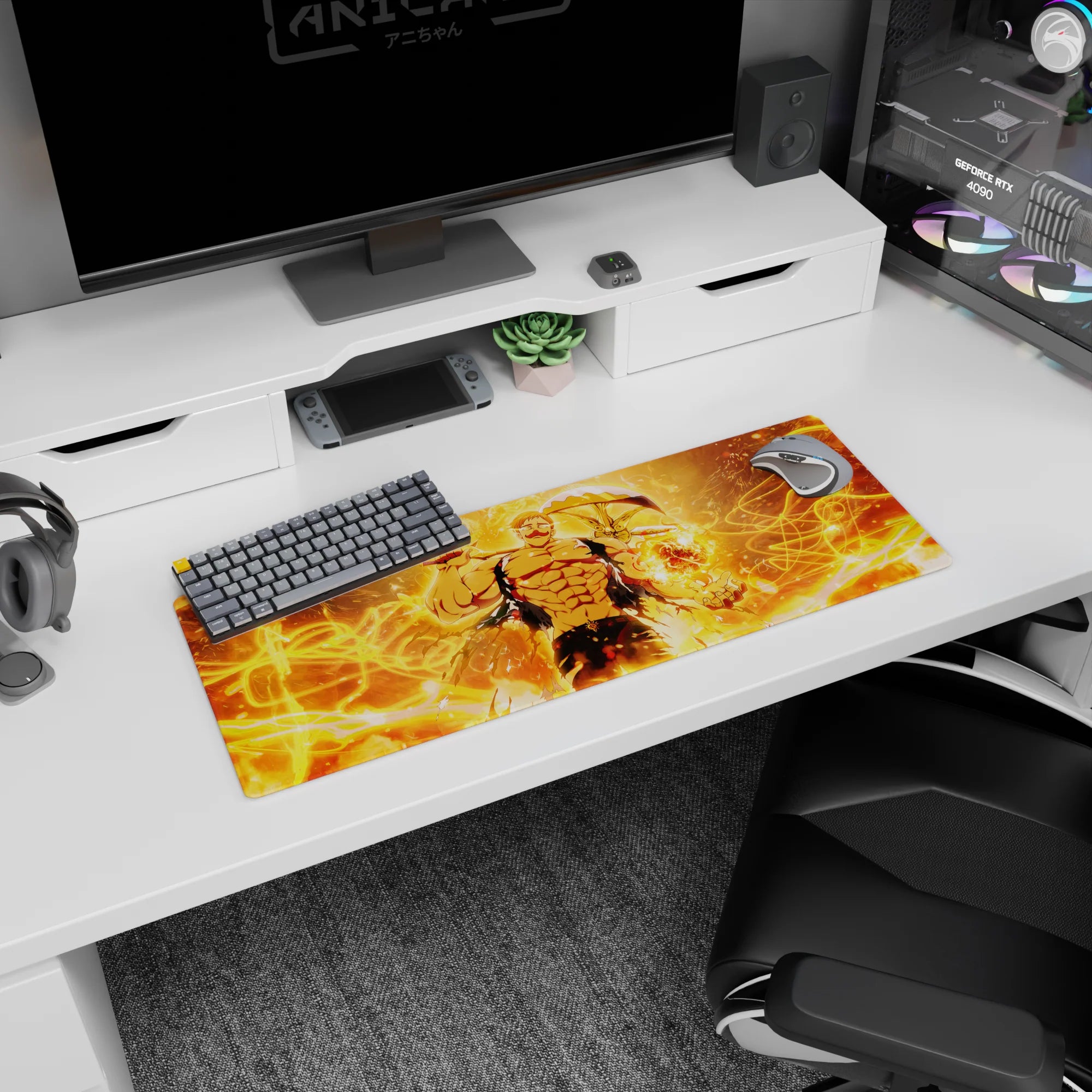 32x12 inches anime mouse pad showing a ripped-cloth fighter holding a fiery orb, weapon halo behind him.