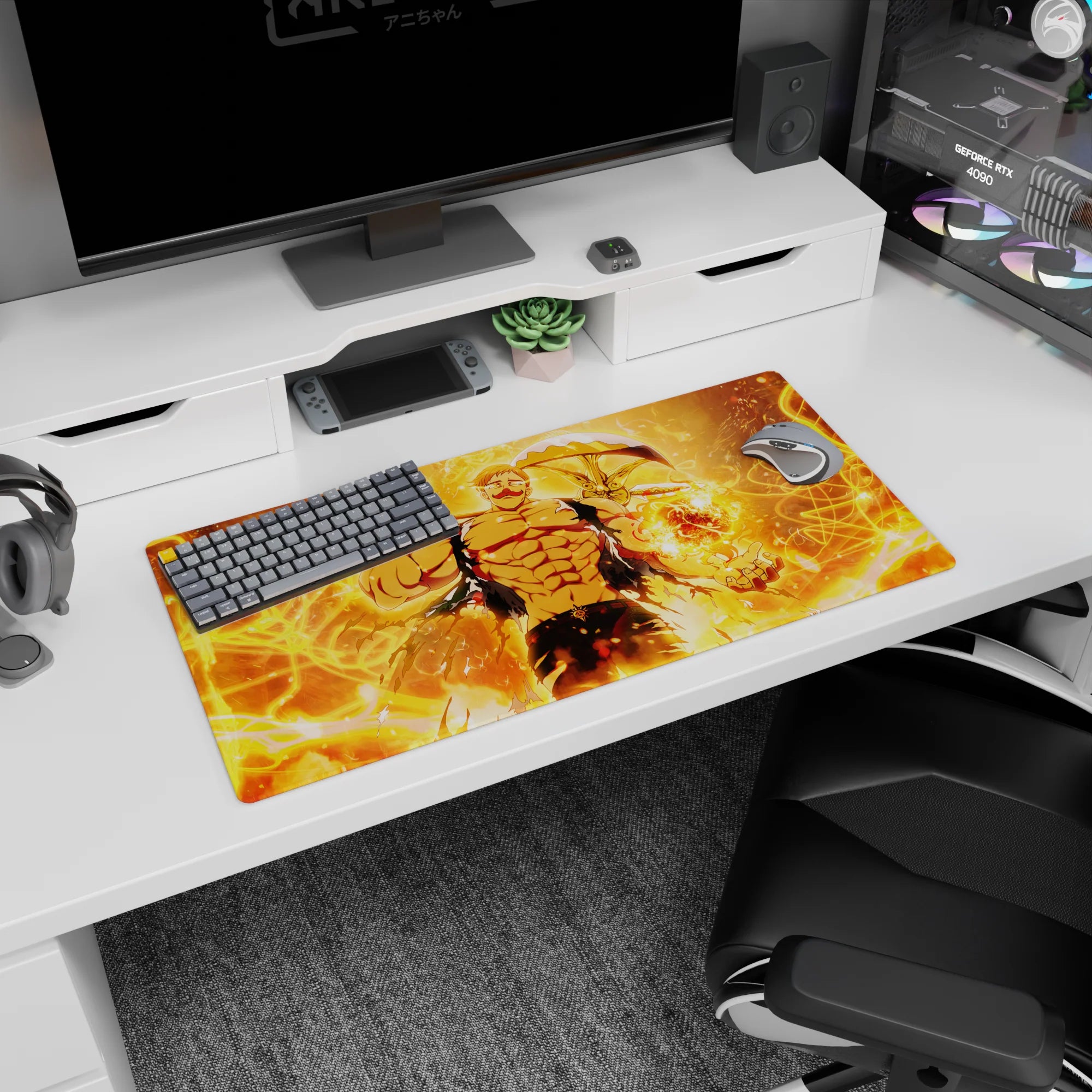 32x16 inches anime desk mat showing grinning fighter in ripped black cloth, holding a blazing fireball.
