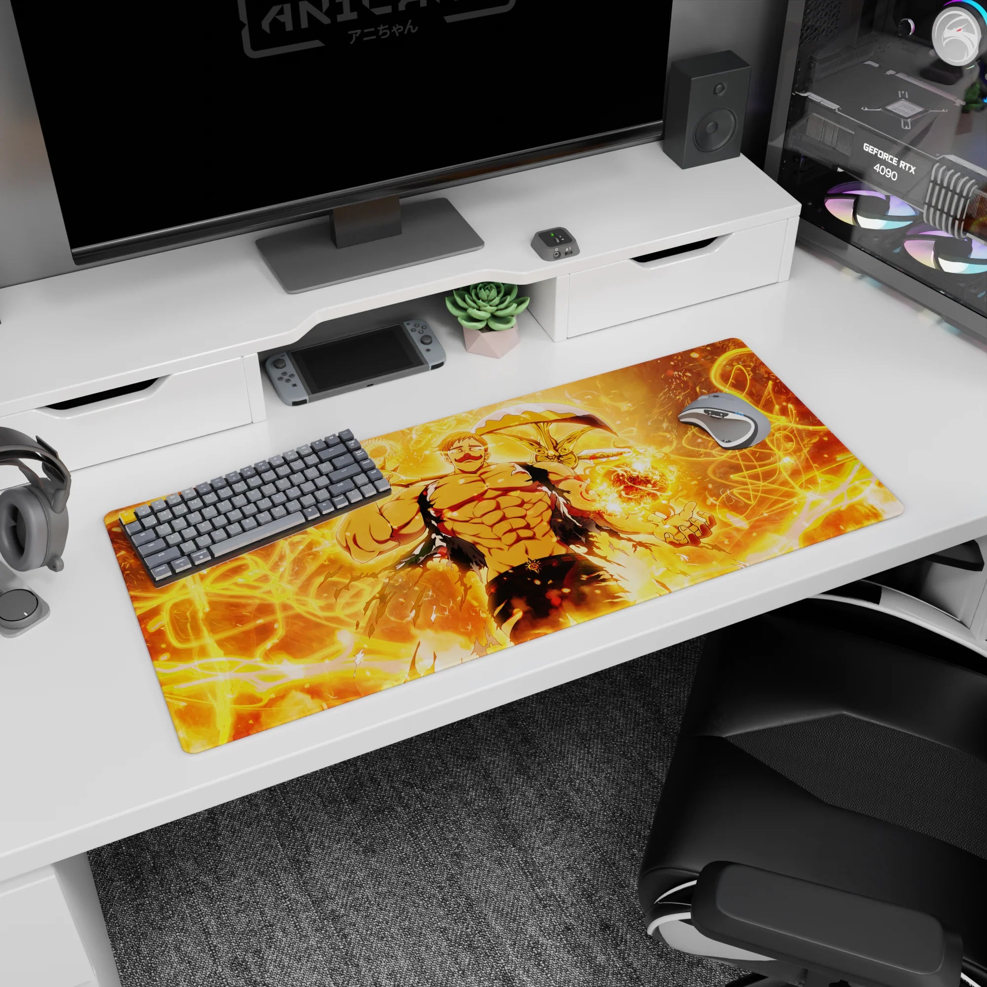 36x16 inches desk pad showing grinning ripped-cloth fighter holding a flaming orb with a curved blade behind.
