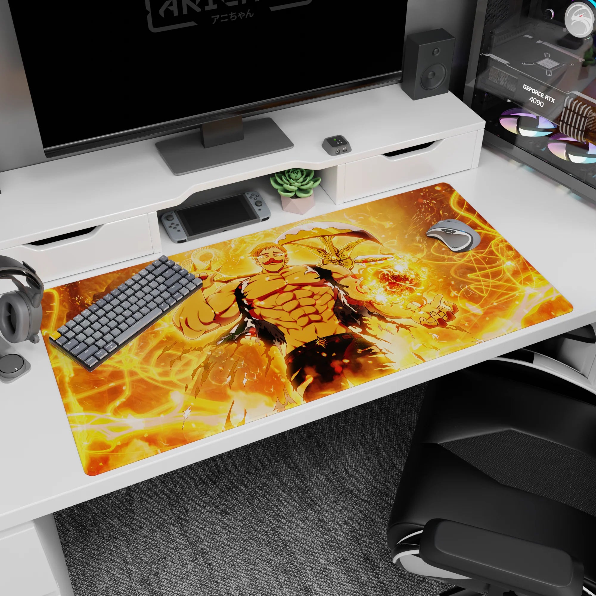 40x20 inches desk pad showing a ripped-cloth fighter holding a blazing orb, weapon arcing behind him.