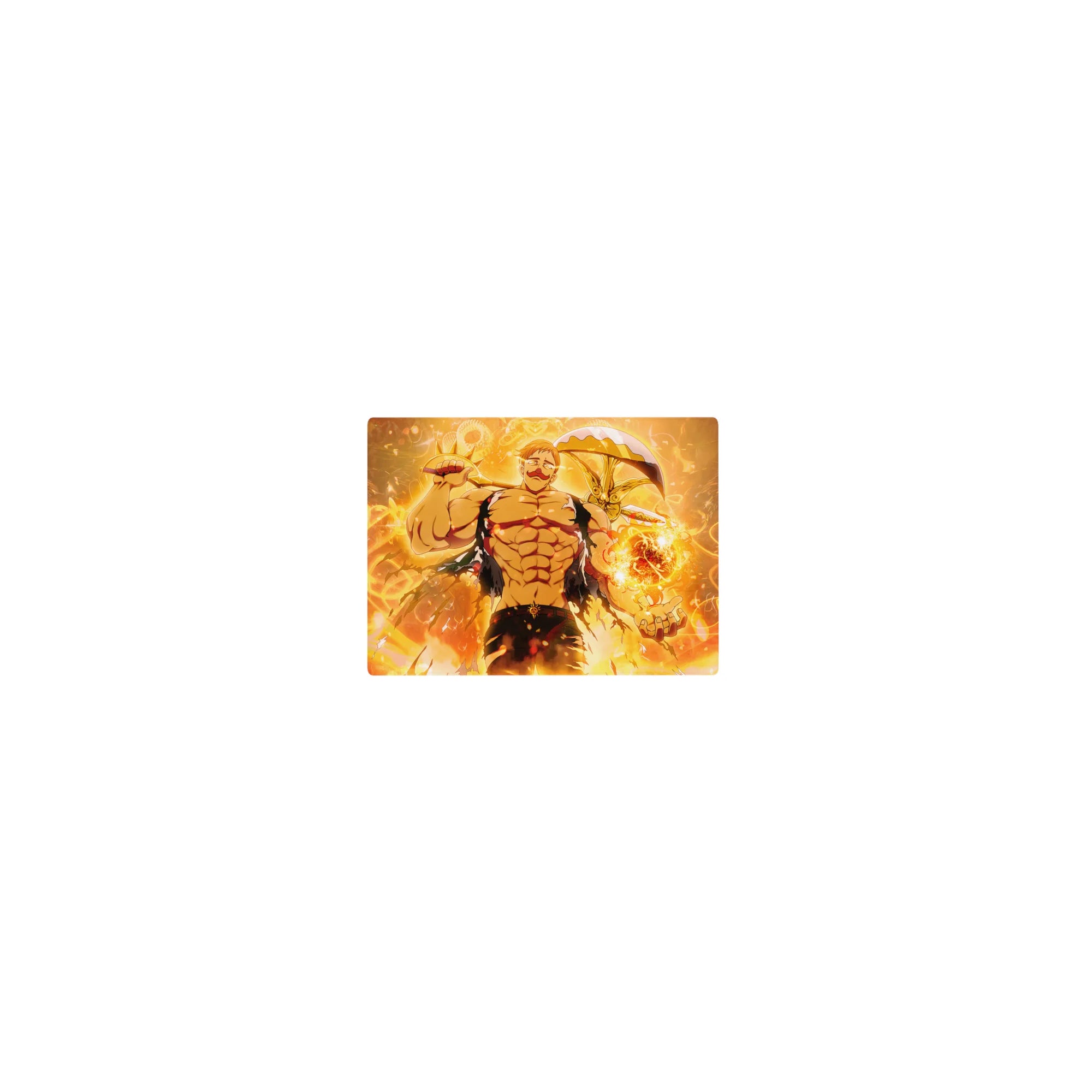 Classic anime mouse pad 14x10 inches with muscular fighter, flames, electric loops, and curved weapon.