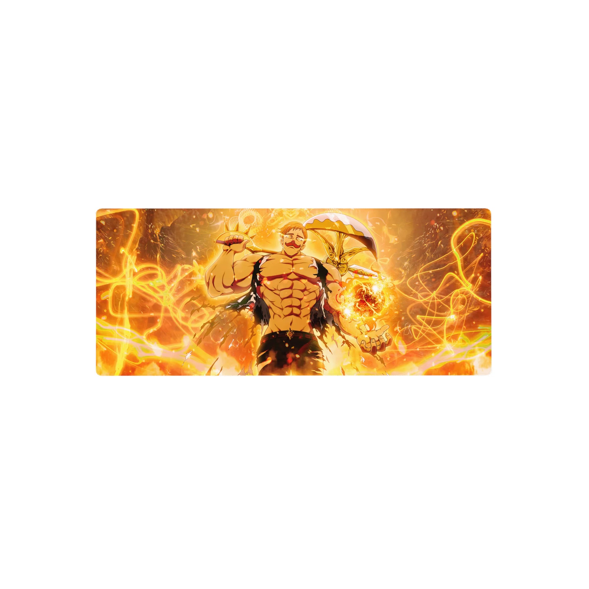 28x12 inches anime mouse pad with grinning muscular fighter, golden flames, and curved weapon halo.