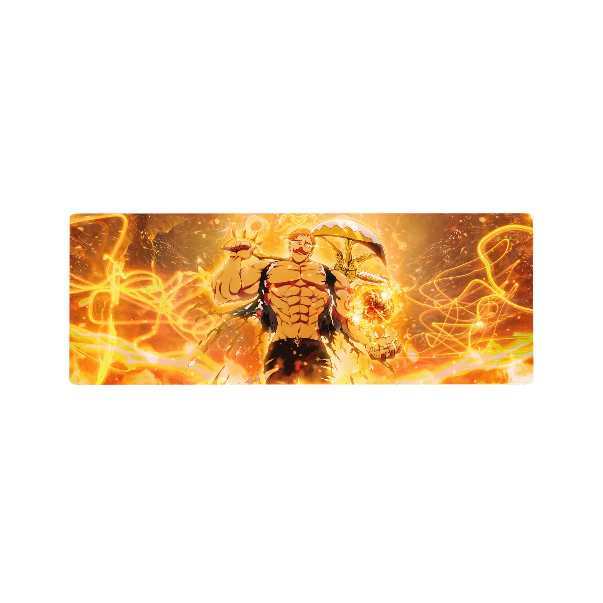 32x12 inches anime desk mouse pad with grinning muscular fighter, flames, electric loops, and curved weapon.
