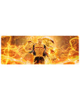32x12 inches anime desk mouse pad with grinning muscular fighter, flames, electric loops, and curved weapon.