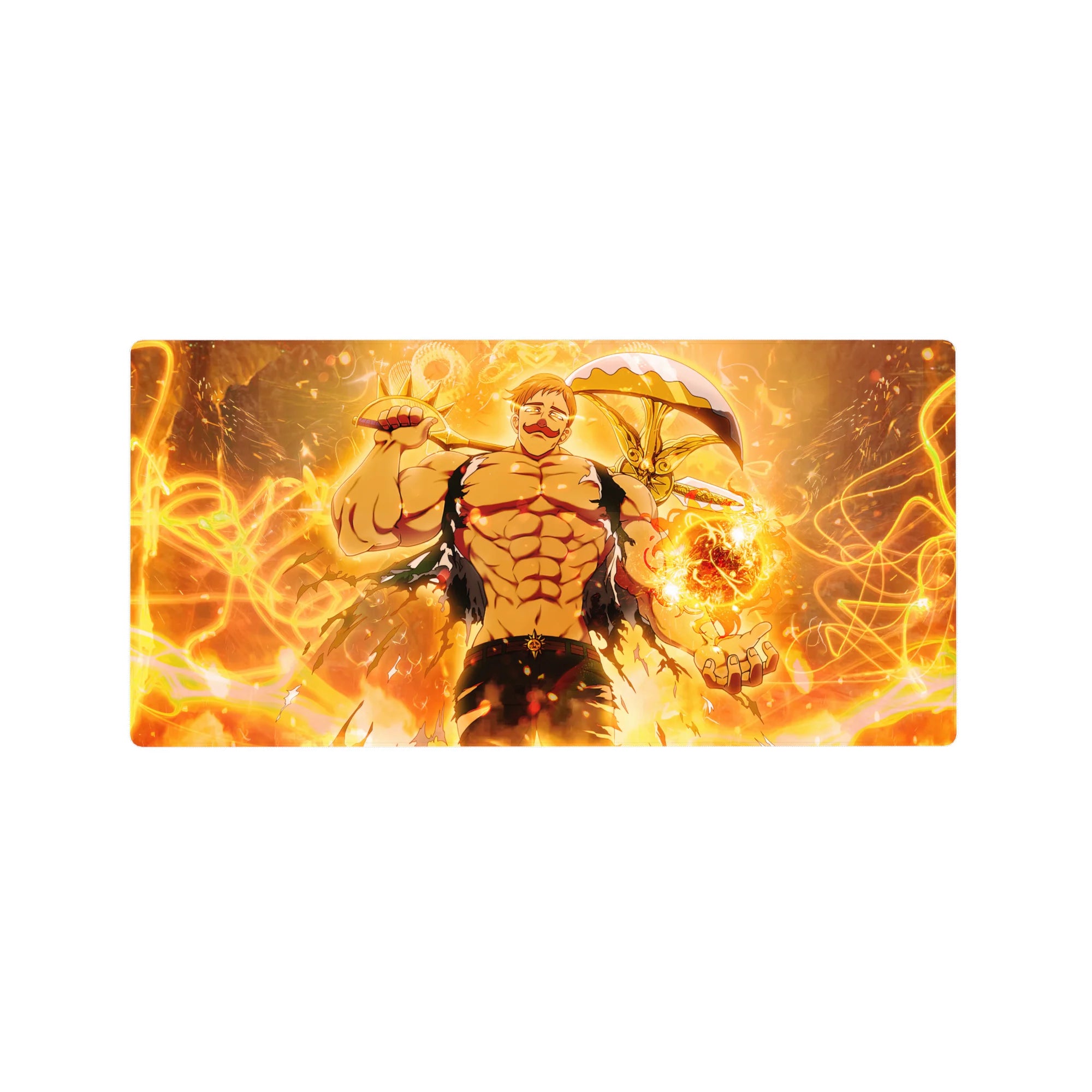 32x16 inches anime mouse pad with muscular fighter, golden flames, electric loops, and curved weapon backdrop.
