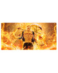 32x16 inches anime mouse pad with muscular fighter, golden flames, electric loops, and curved weapon backdrop.
