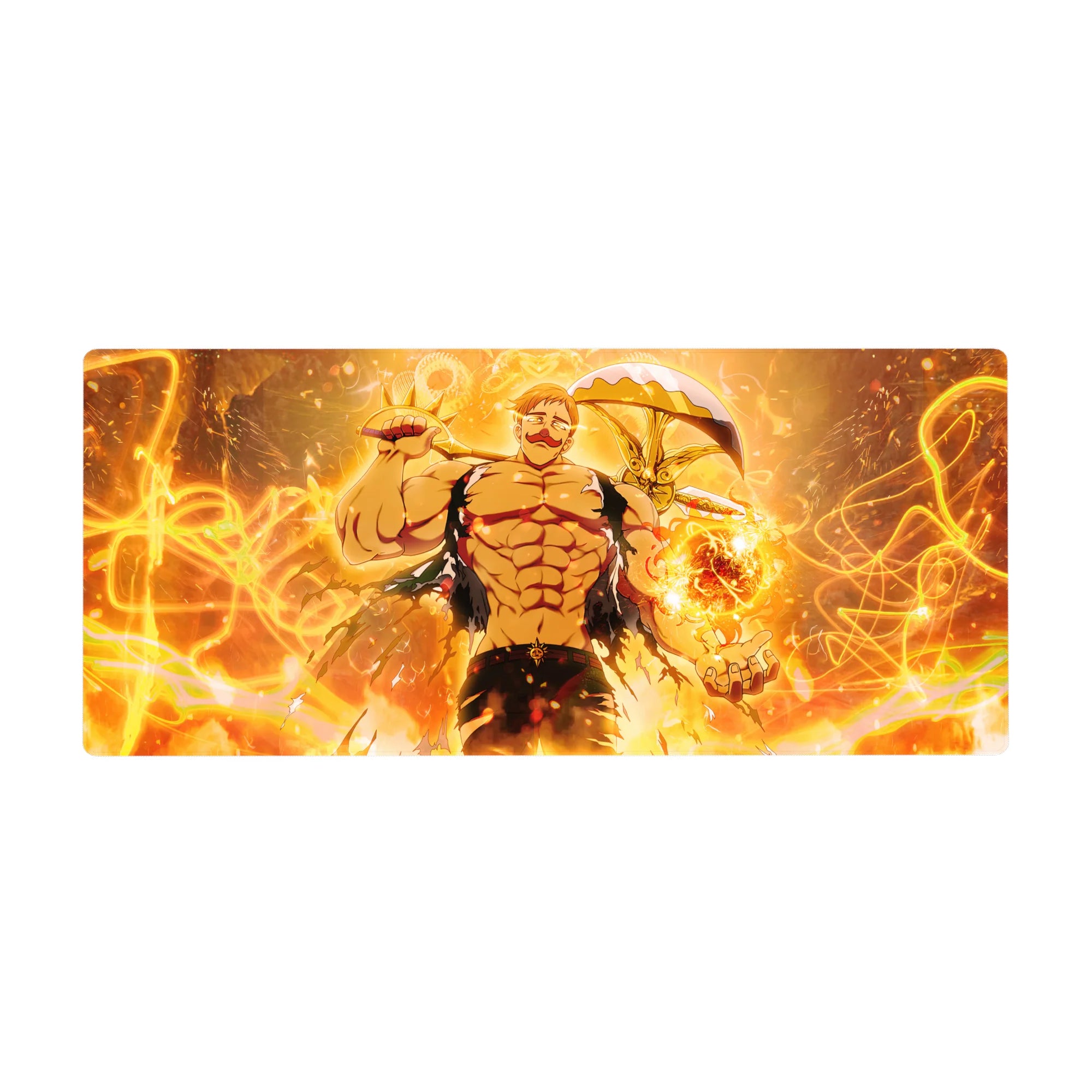 36x16 inches anime desk pad with muscular fighter, golden flames, electric loops, and curved weapon halo.