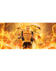 36x16 inches anime desk pad with muscular fighter, golden flames, electric loops, and curved weapon halo.