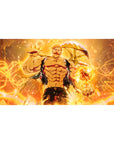 40x20 inches anime desk pad with grinning muscular fighter, golden flames, electric loops, and curved weapon.