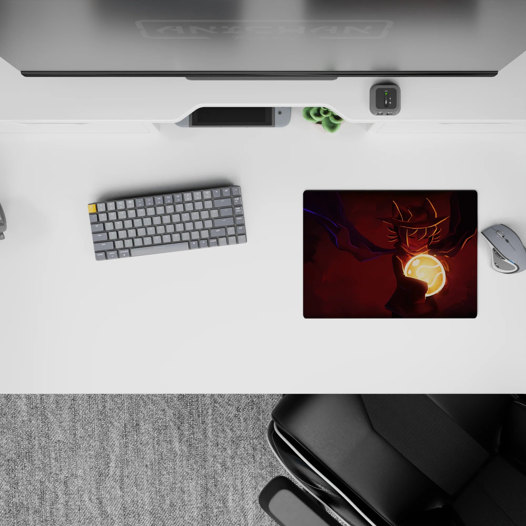 Deep crimson and violet anime mouse pad 14x10 inches, cinematic night mood with warm orange glow.