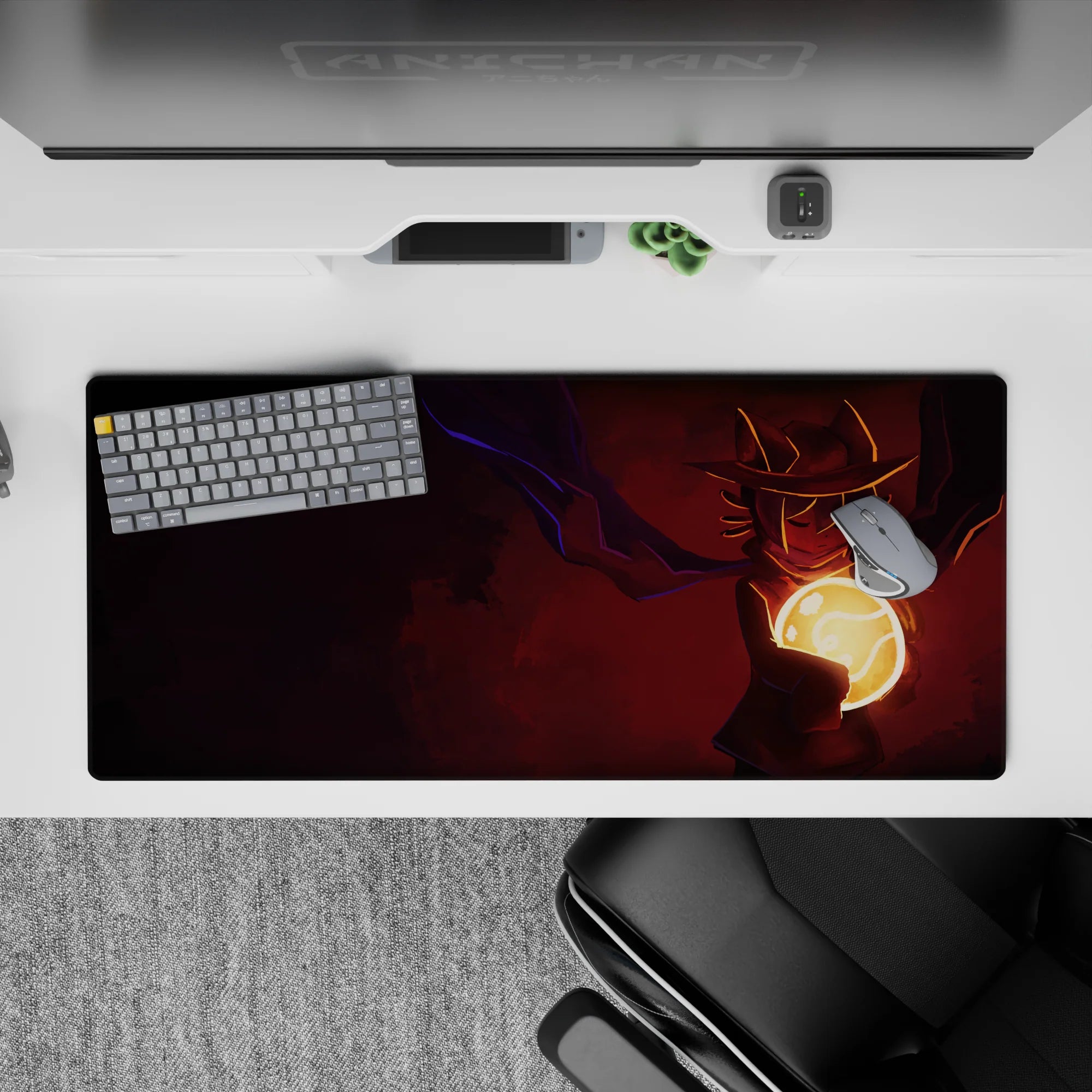 Crimson and violet cinematic anime desk pad 36x16 inches, warm gradients and sharp highlights for a moody setup.