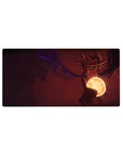 Anime mouse pad 32x16 inches with hooded figure, glowing orb, and smoky ribbons in night scene.