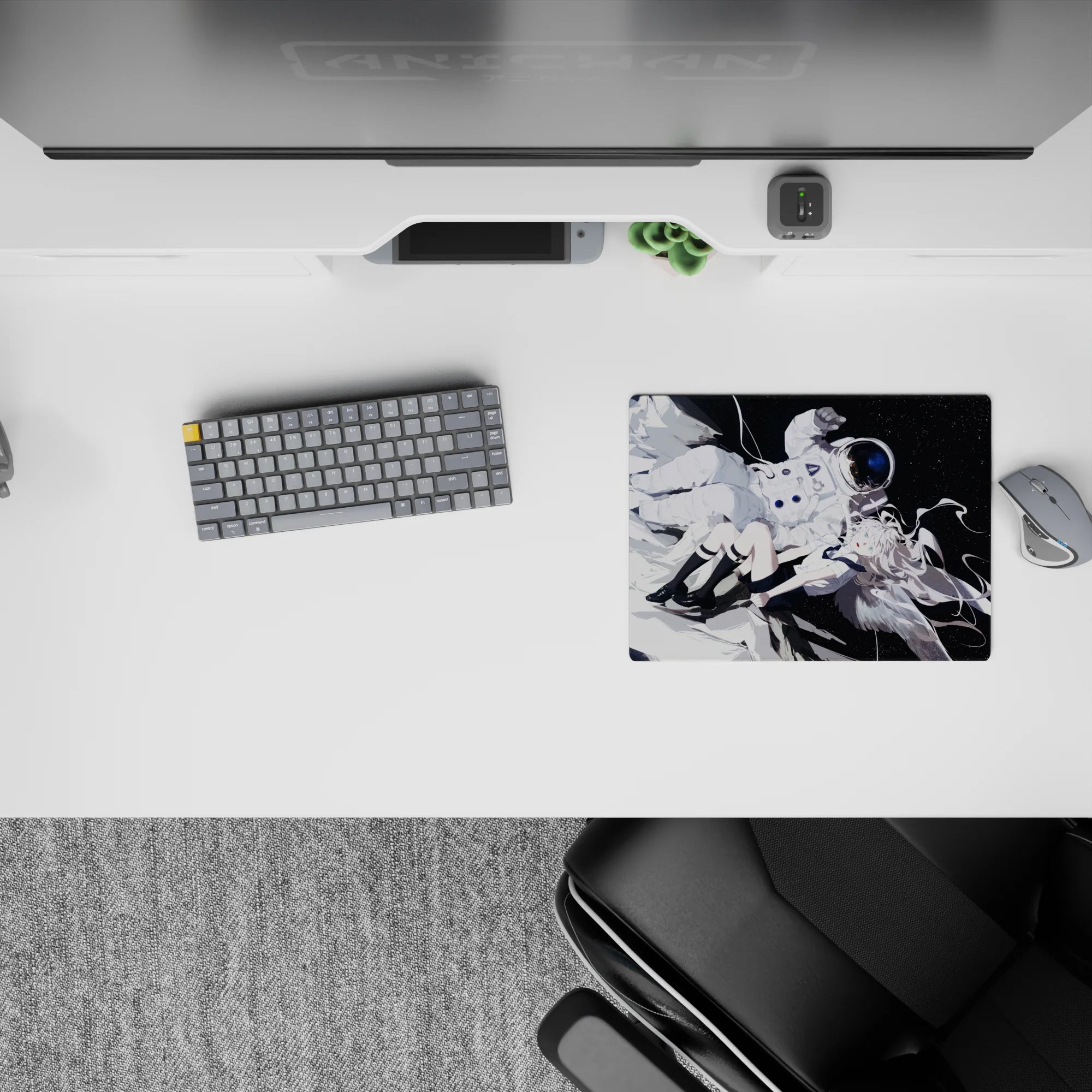 14x10 inches anime mouse pad in icy white and deep black, calm cosmic vibe with starry glow.
