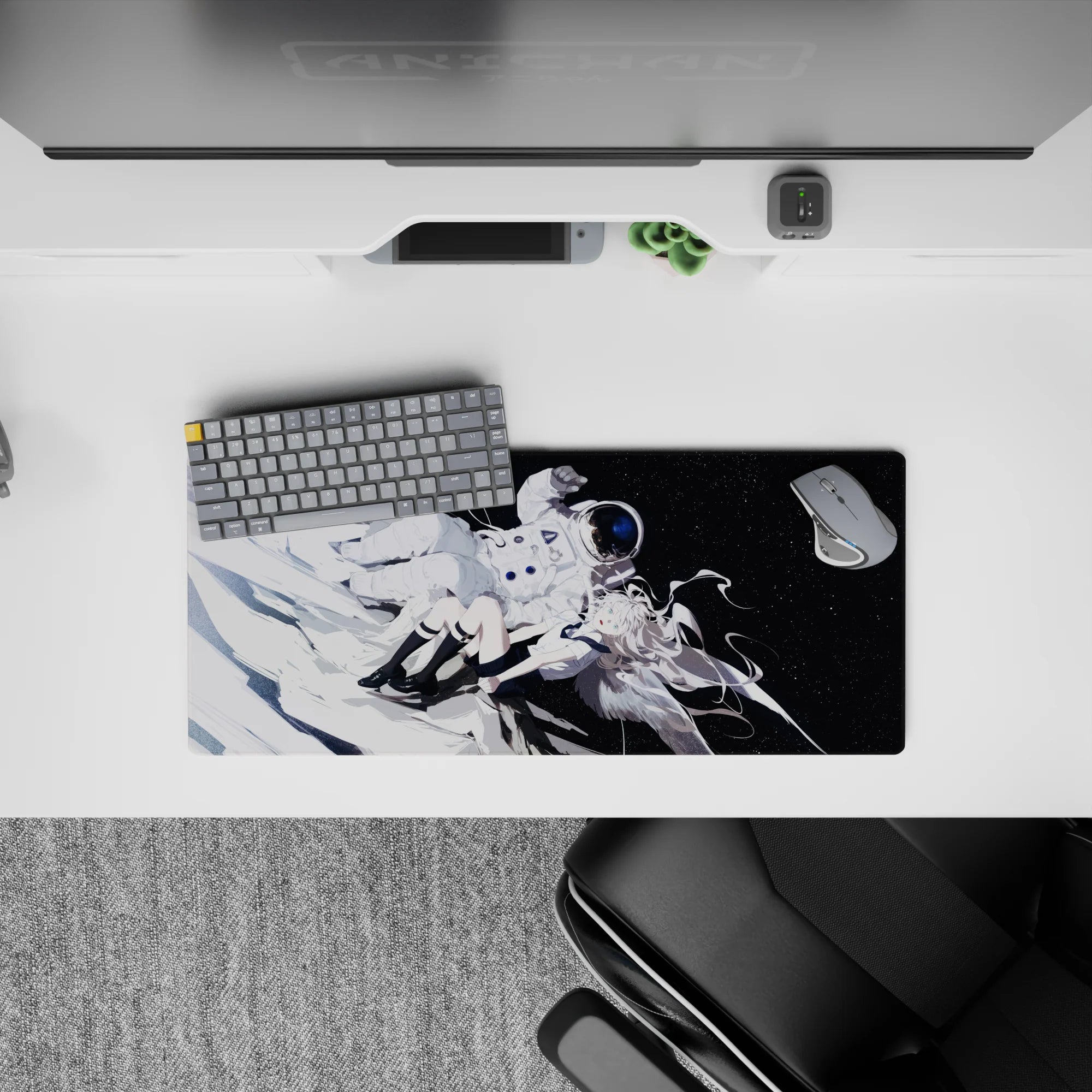 Cosmic anime mouse pad 28x12 inches in icy white and deep black, calm starry orbit vibe.