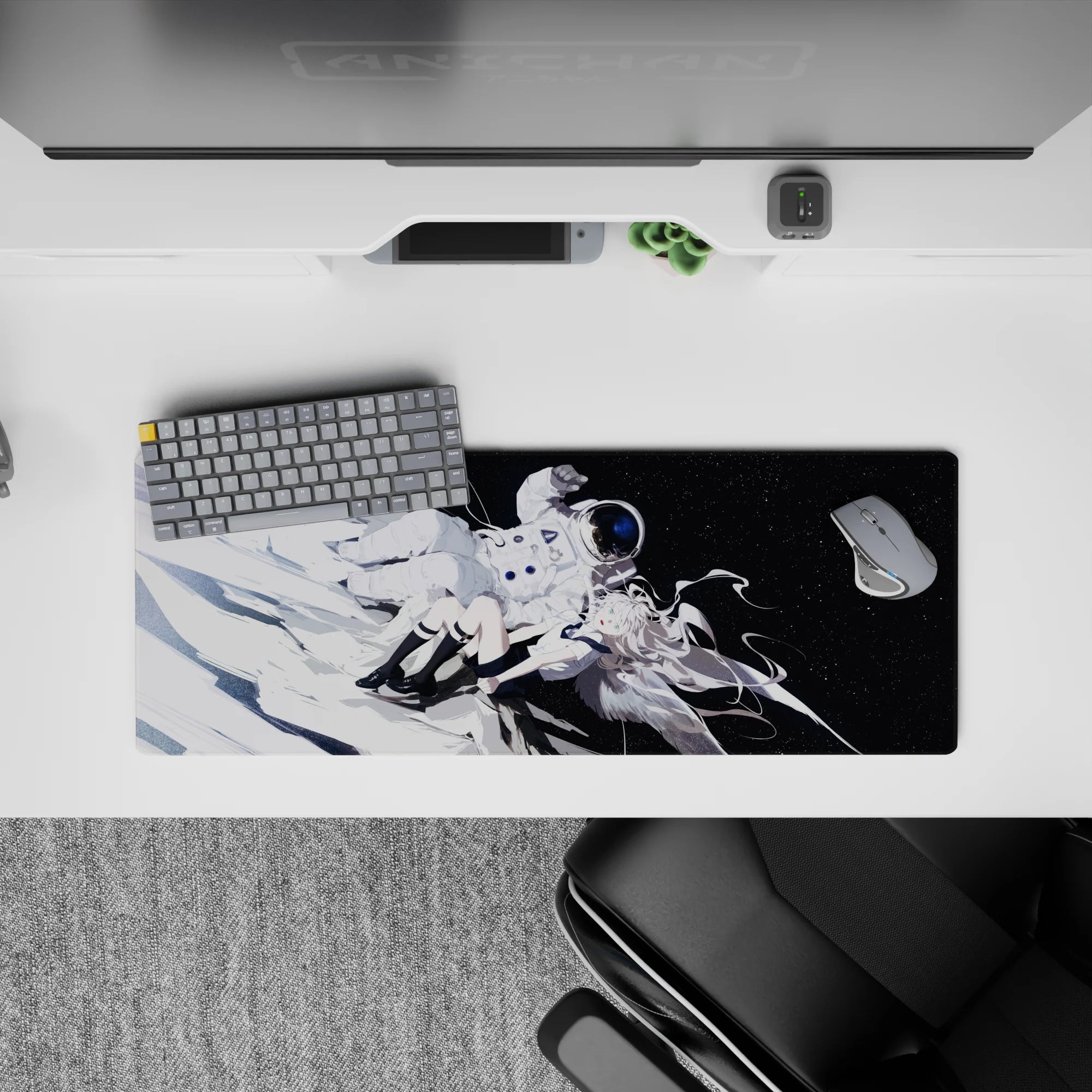 32x12 inches anime desk mouse pad in icy whites and deep black, calm cosmic mood with aqua-eyed girl.