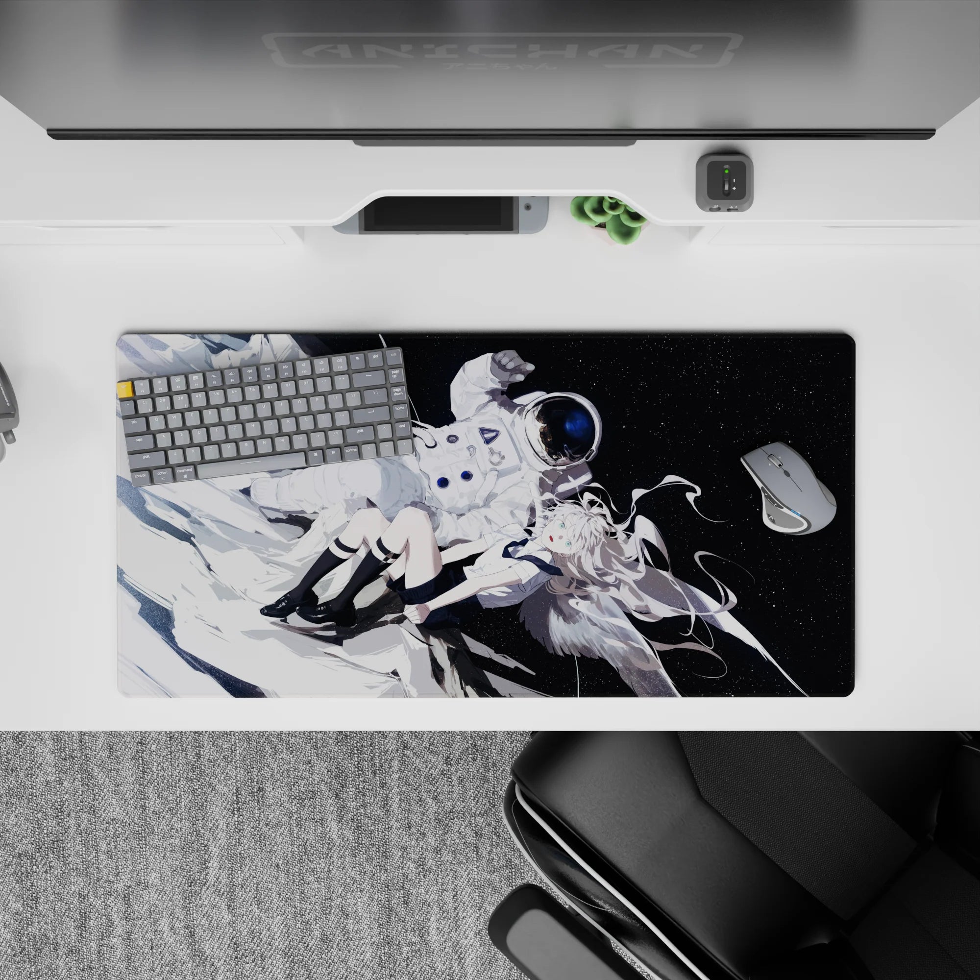 32x16 inches anime mouse pad in icy white and deep black, calm cosmic vibe with aqua-eyed girl.