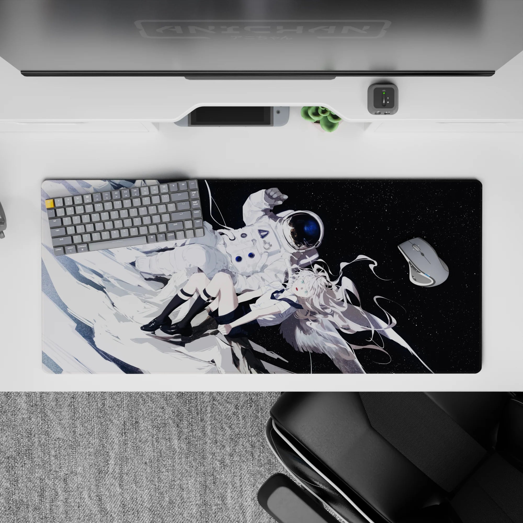 36x16 inches anime desk pad in icy white and deep black, calm cosmic vibe with aqua-eyed angel girl.