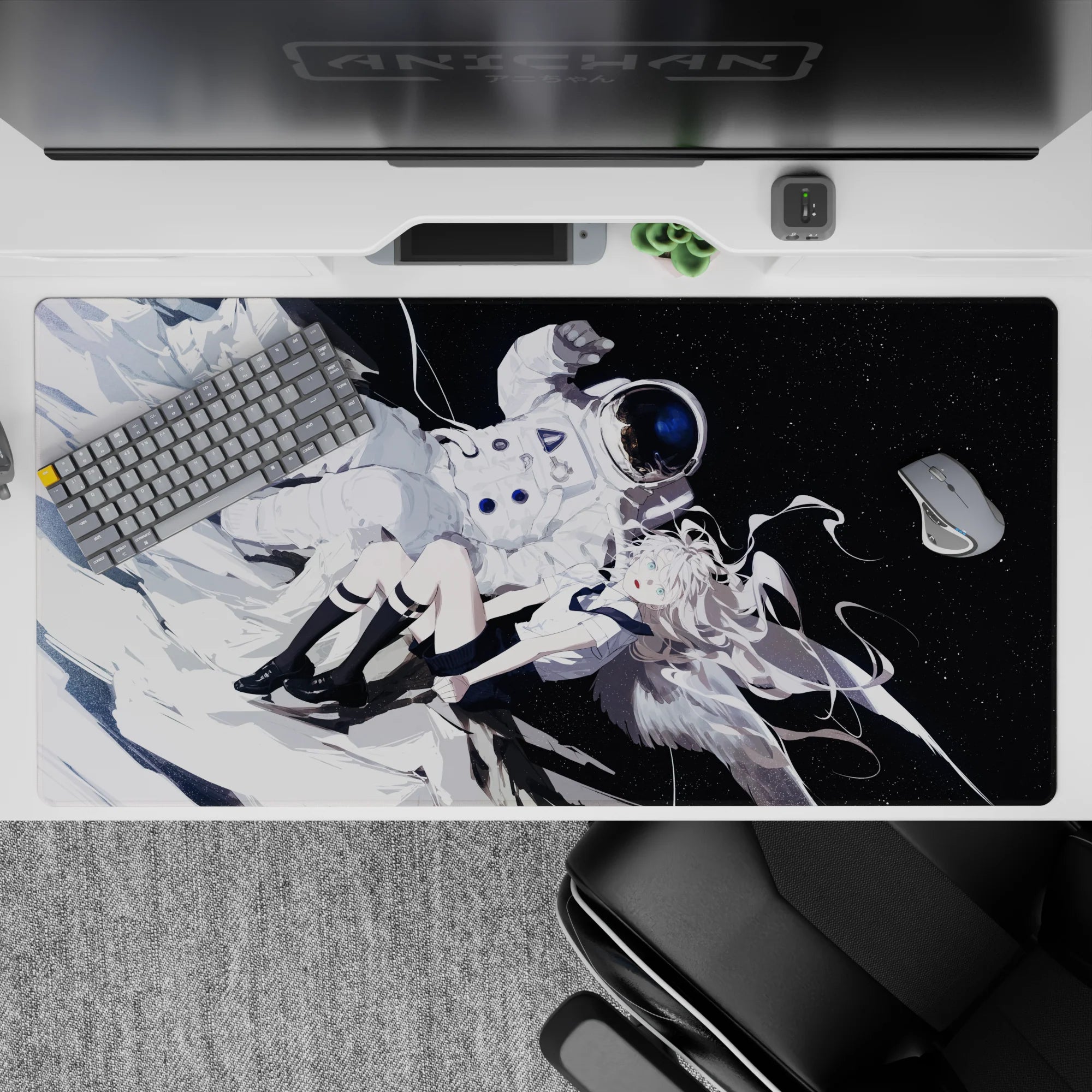 Cosmic anime desk pad 40x20 inches in icy white and deep black, calm starry orbit vibe.