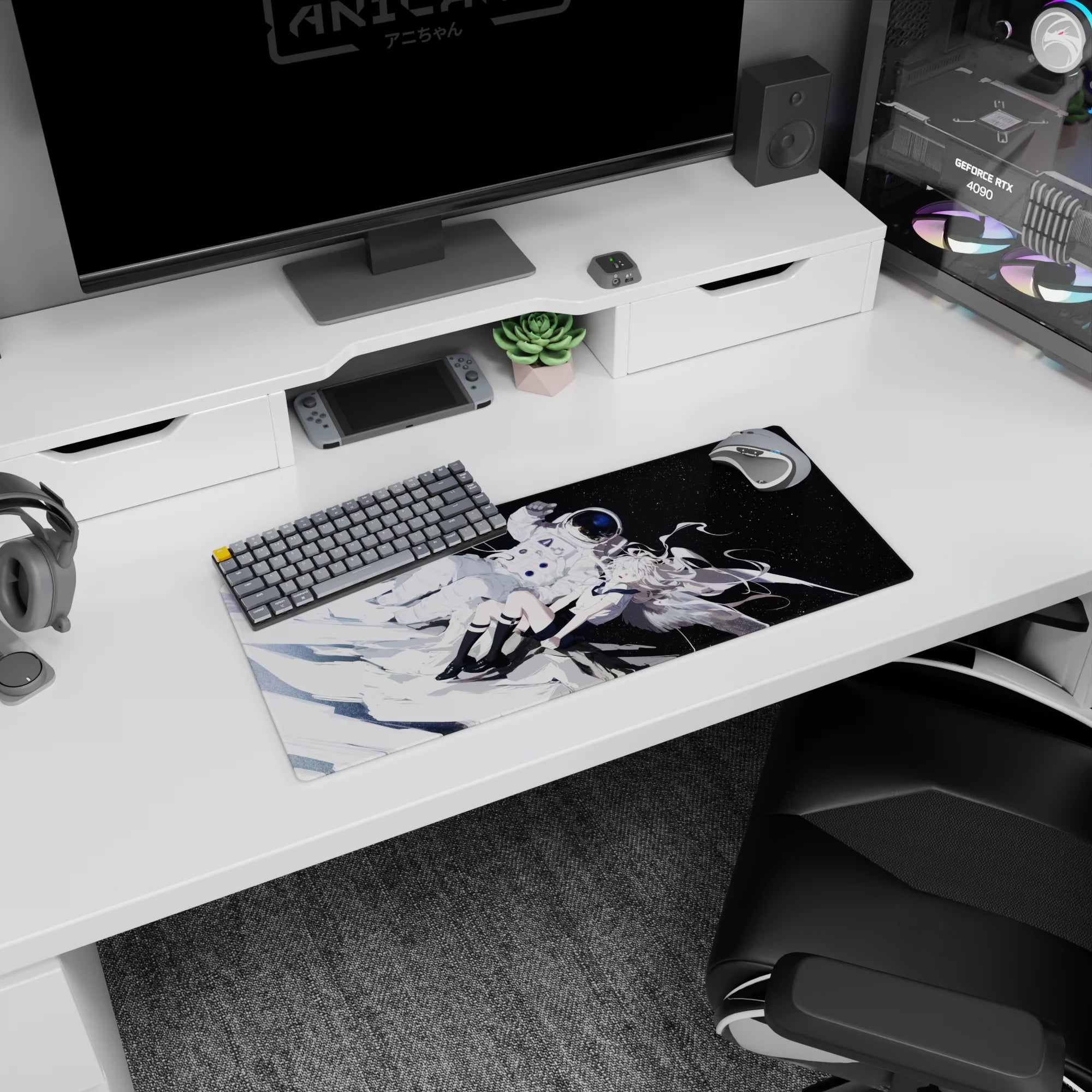28x12 inches anime mouse pad showing aqua-eyed angel girl drifting beside a bulky astronaut.