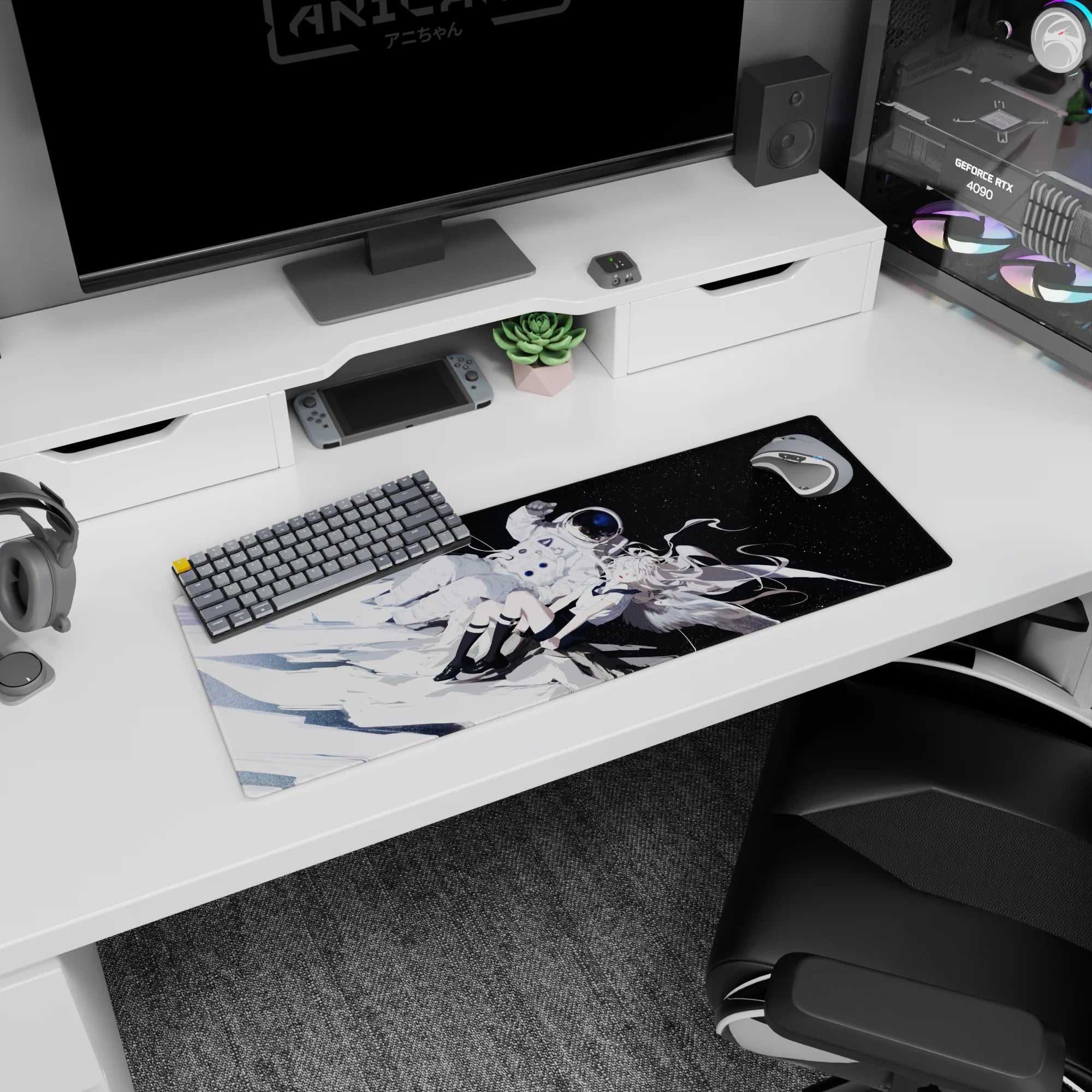 32x12 inches mouse pad showing floating silver-haired angel girl and bulky astronaut in a starry orbit.