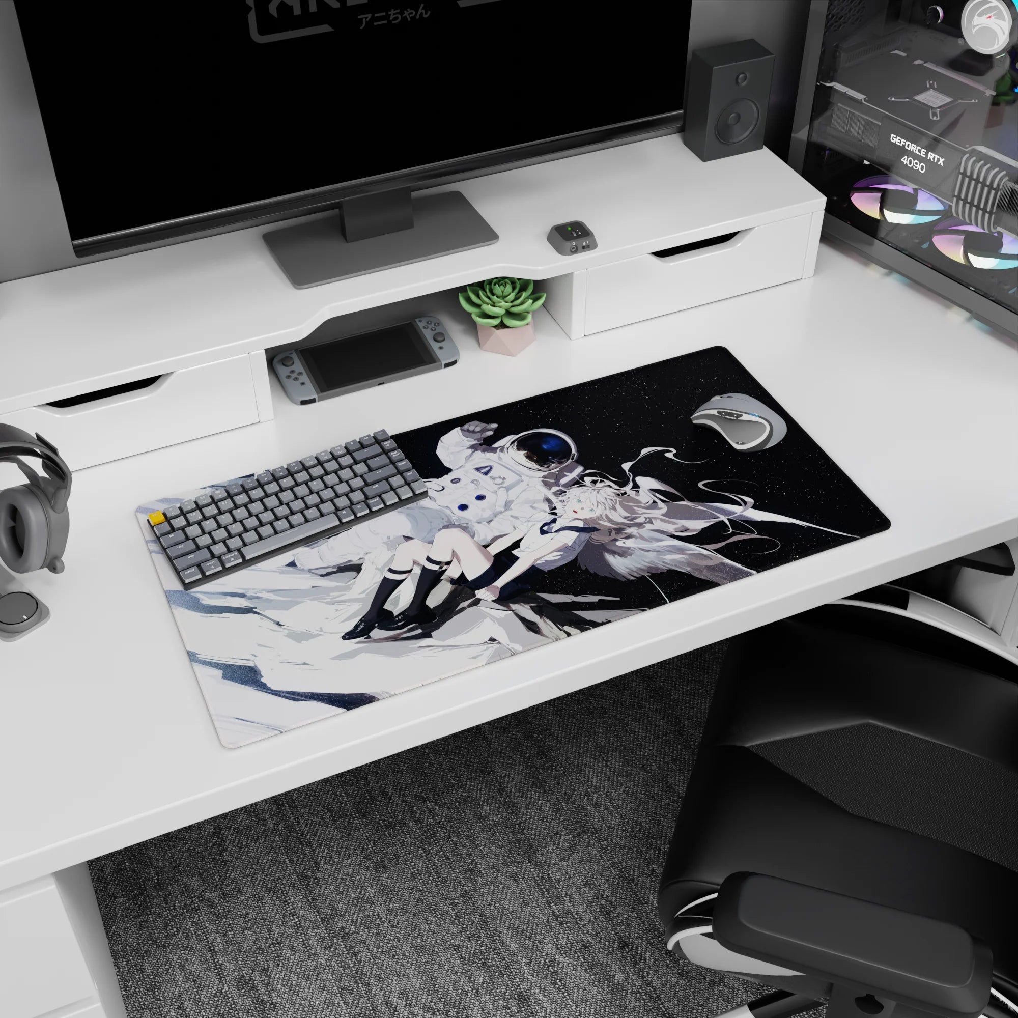 32x16 inches desk mat showing a weightless silver-haired angel girl and a bulky astronaut drifting in orbit.