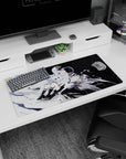 32x16 inches desk mat showing a weightless silver-haired angel girl and a bulky astronaut drifting in orbit.