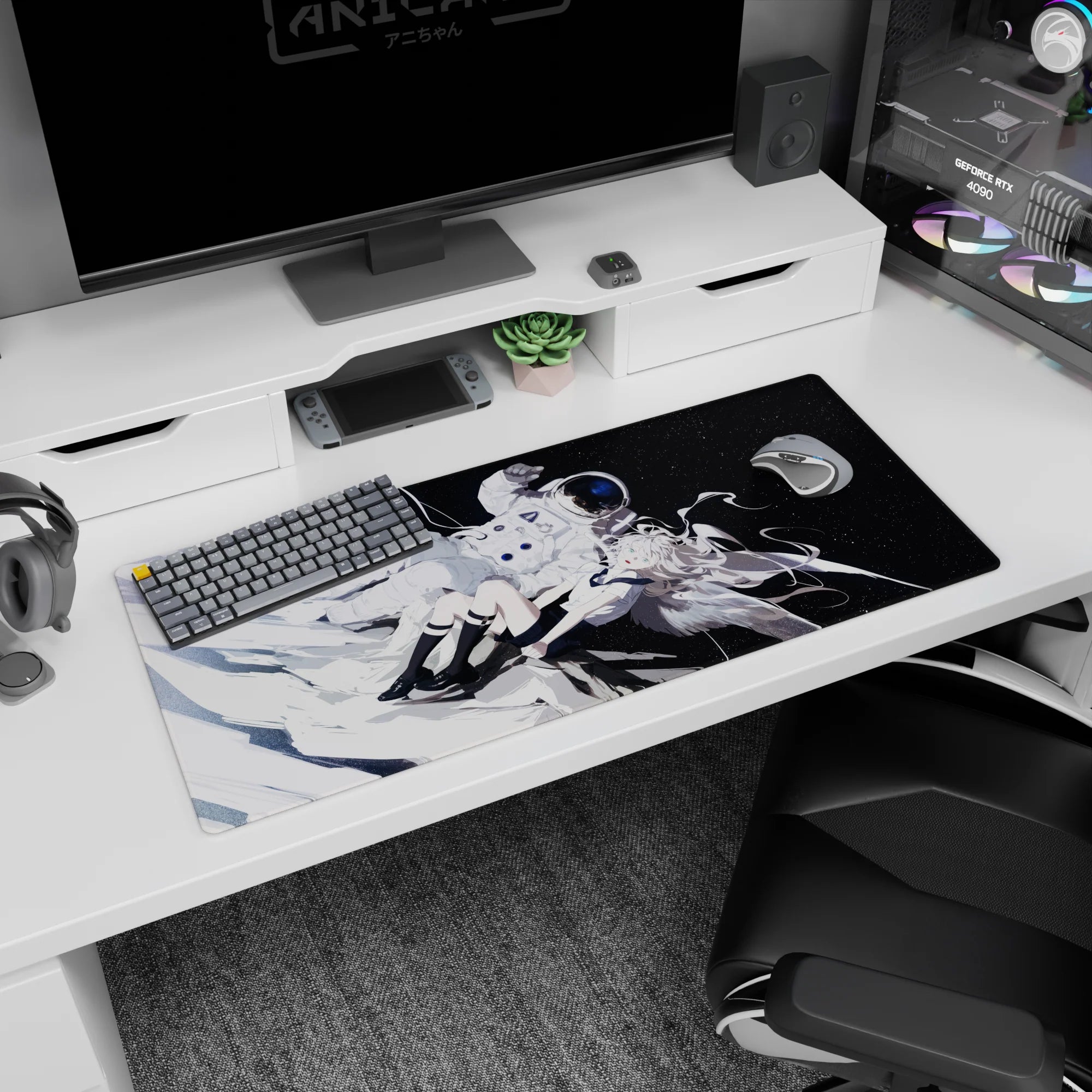 36x16 inches desk pad shows silver-haired winged anime girl drifting beside a bulky astronaut on starfield.