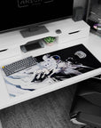36x16 inches desk pad shows silver-haired winged anime girl drifting beside a bulky astronaut on starfield.