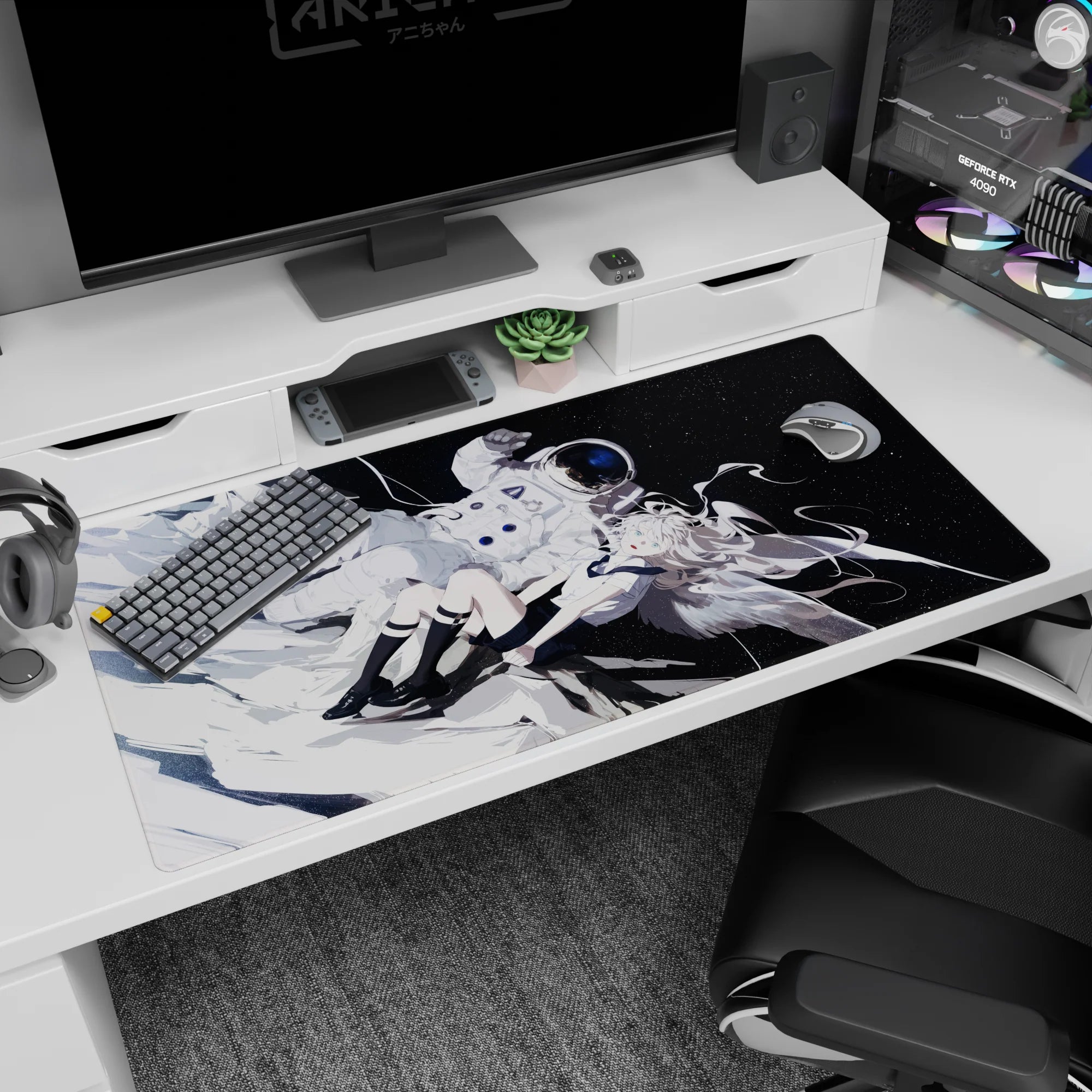 40x20 inches anime girl desk pad showing aqua-eyed angel girl drifting beside a bulky astronaut.