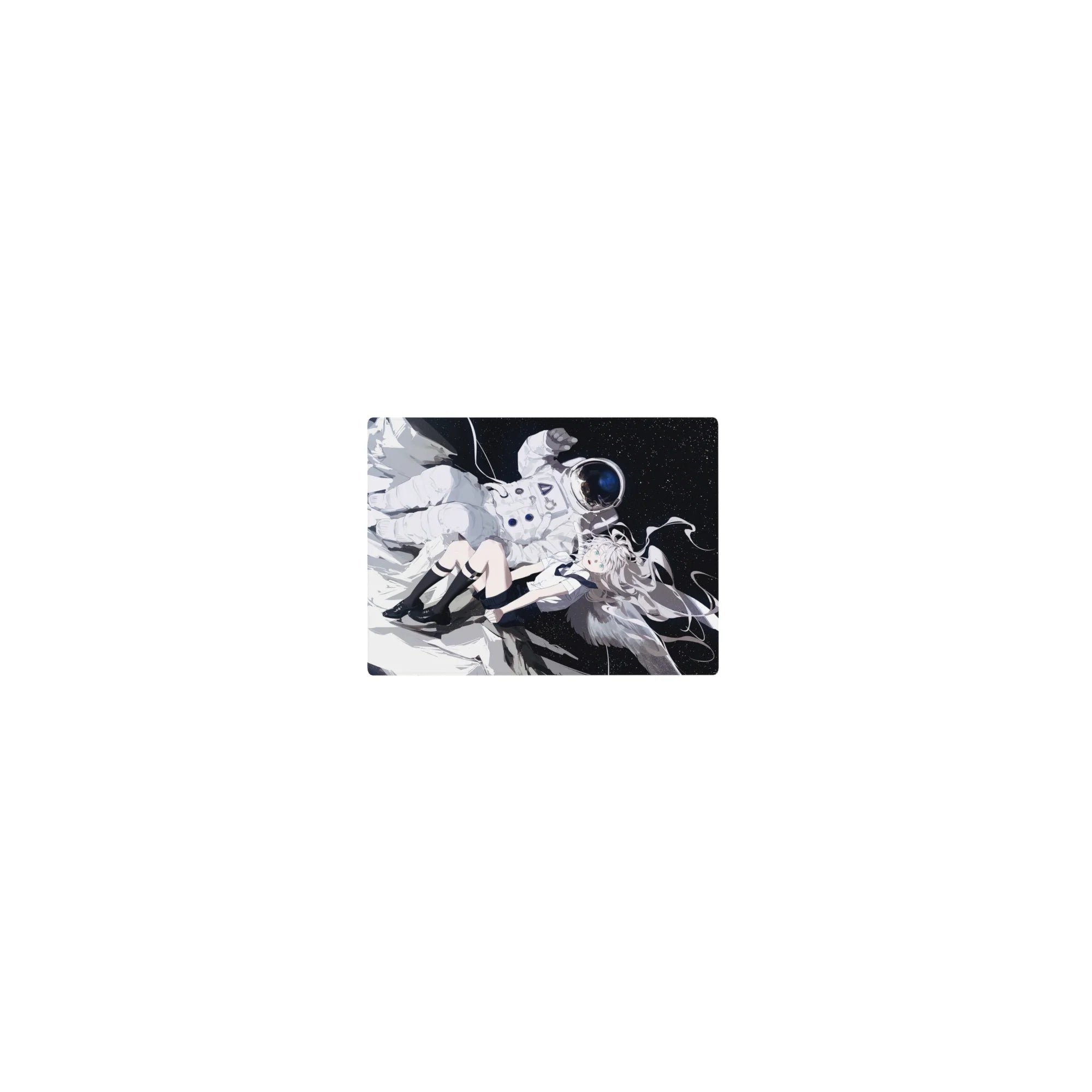 14x10 inches classic anime girl mouse pad with silver-haired angel in space and floating astronaut.