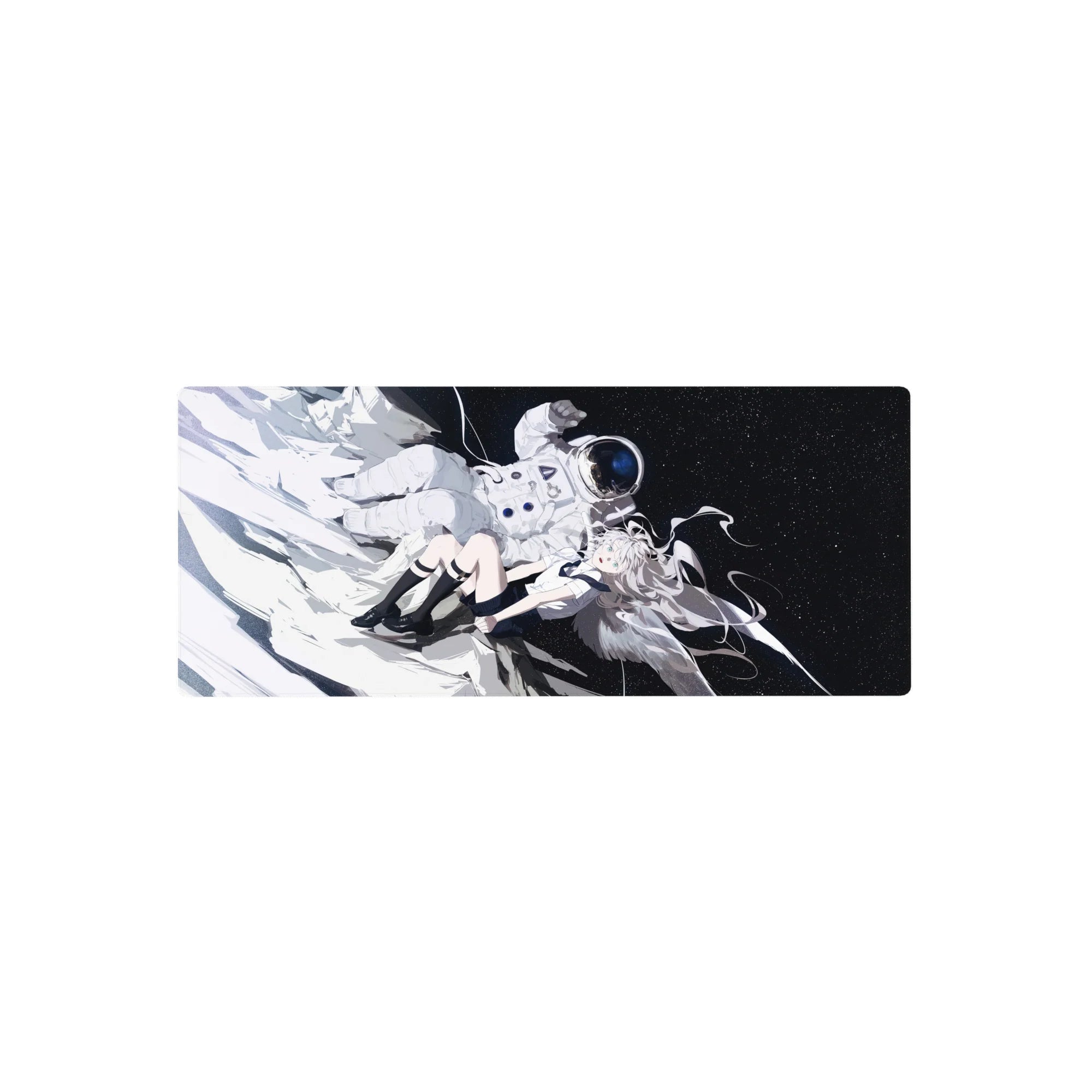 Anime girl mouse pad 28x12 inches with silver-haired angel in space, stars, and floating astronaut.