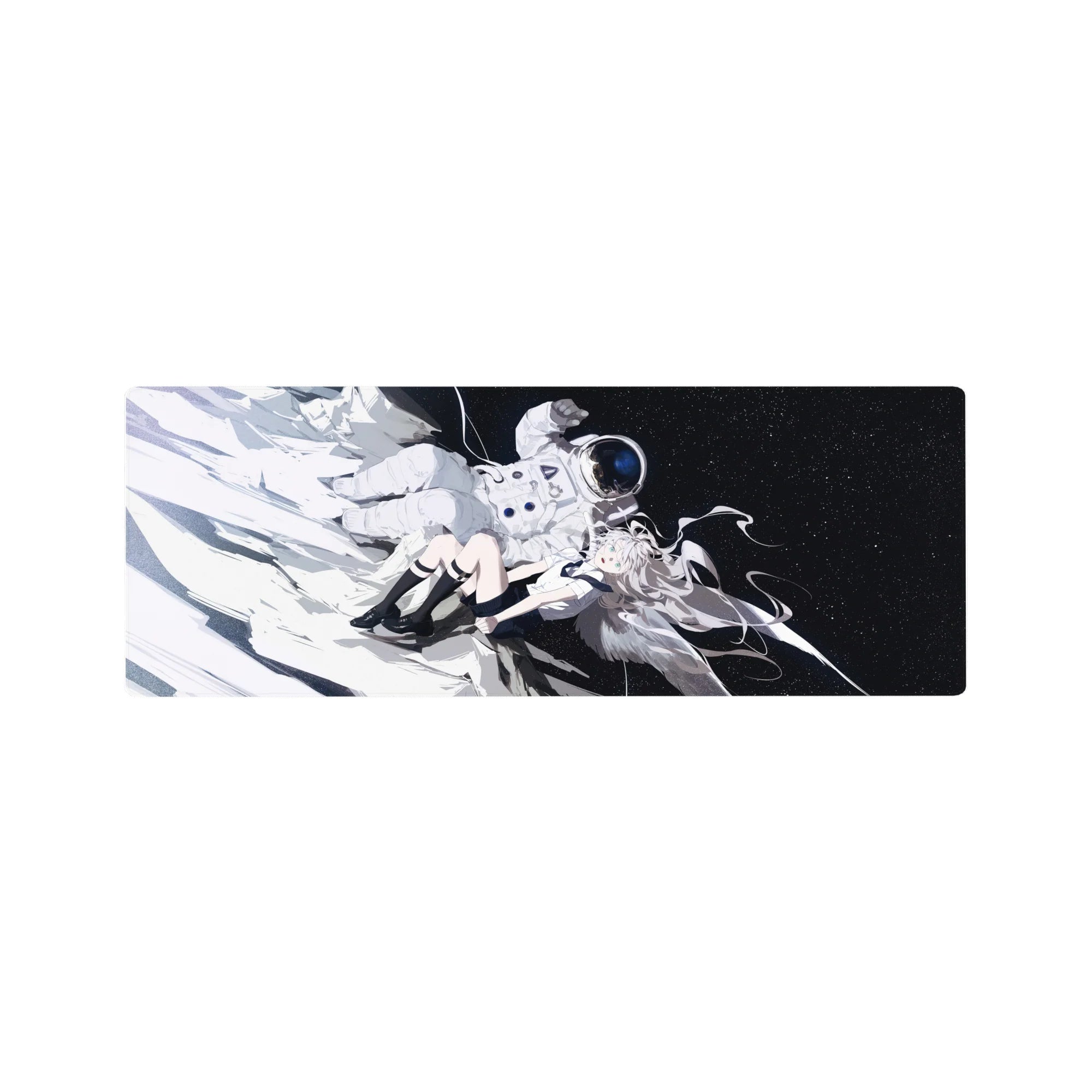 32x12 inches anime girl mouse pad with silver-haired angel in space, uniform outfit, stars and astronaut.
