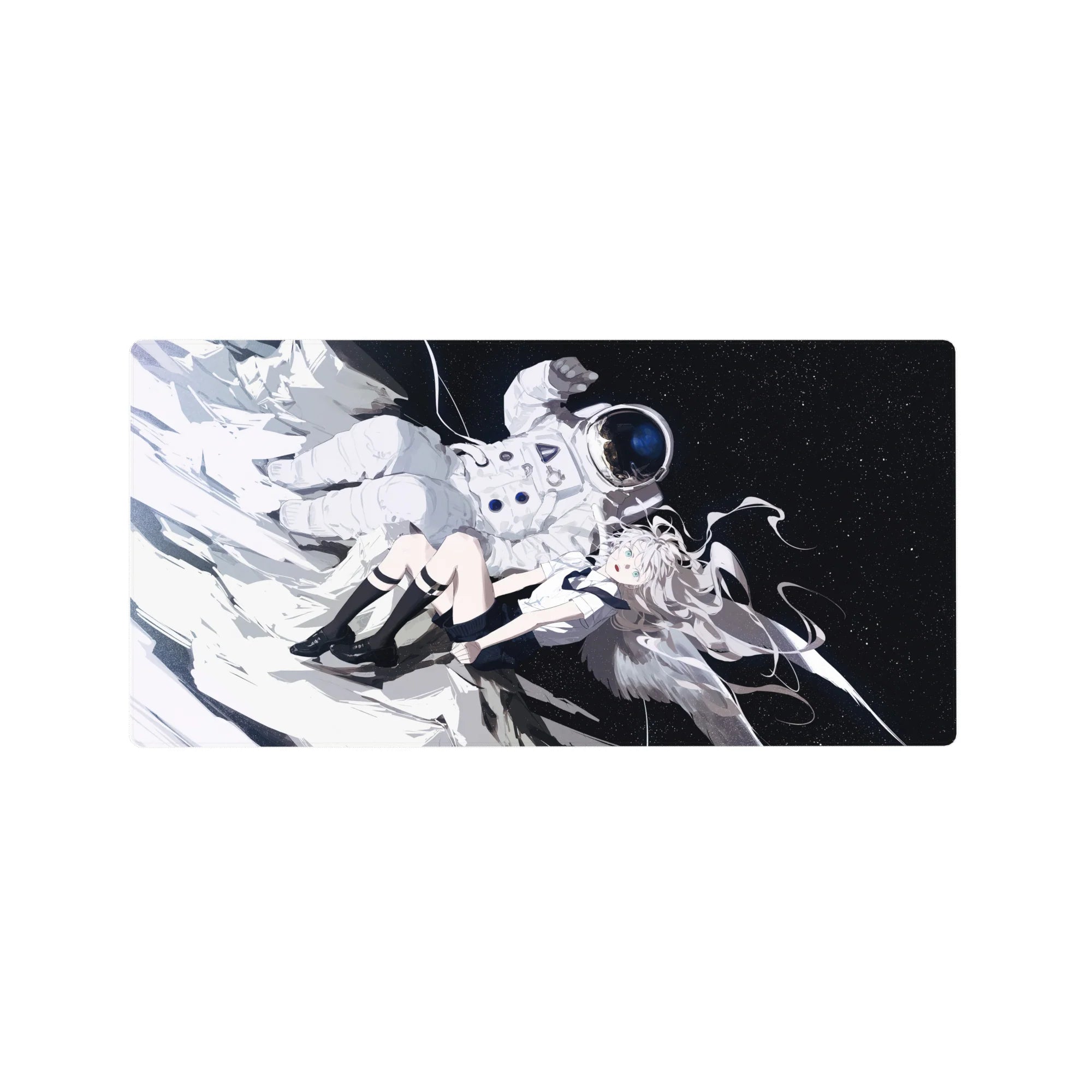 32x16 inches anime girl mouse pad with silver-haired angel in space, stars, and floating astronaut.