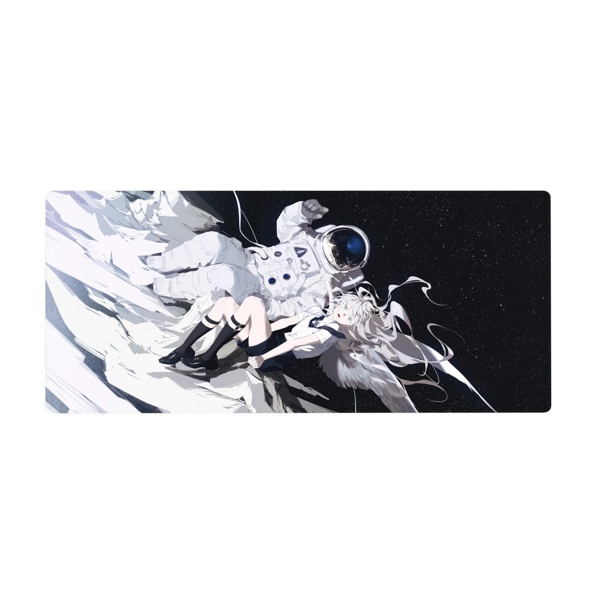 36x16 inches anime girl desk pad with silver-haired angel in space, uniform top, floating astronaut, stars.