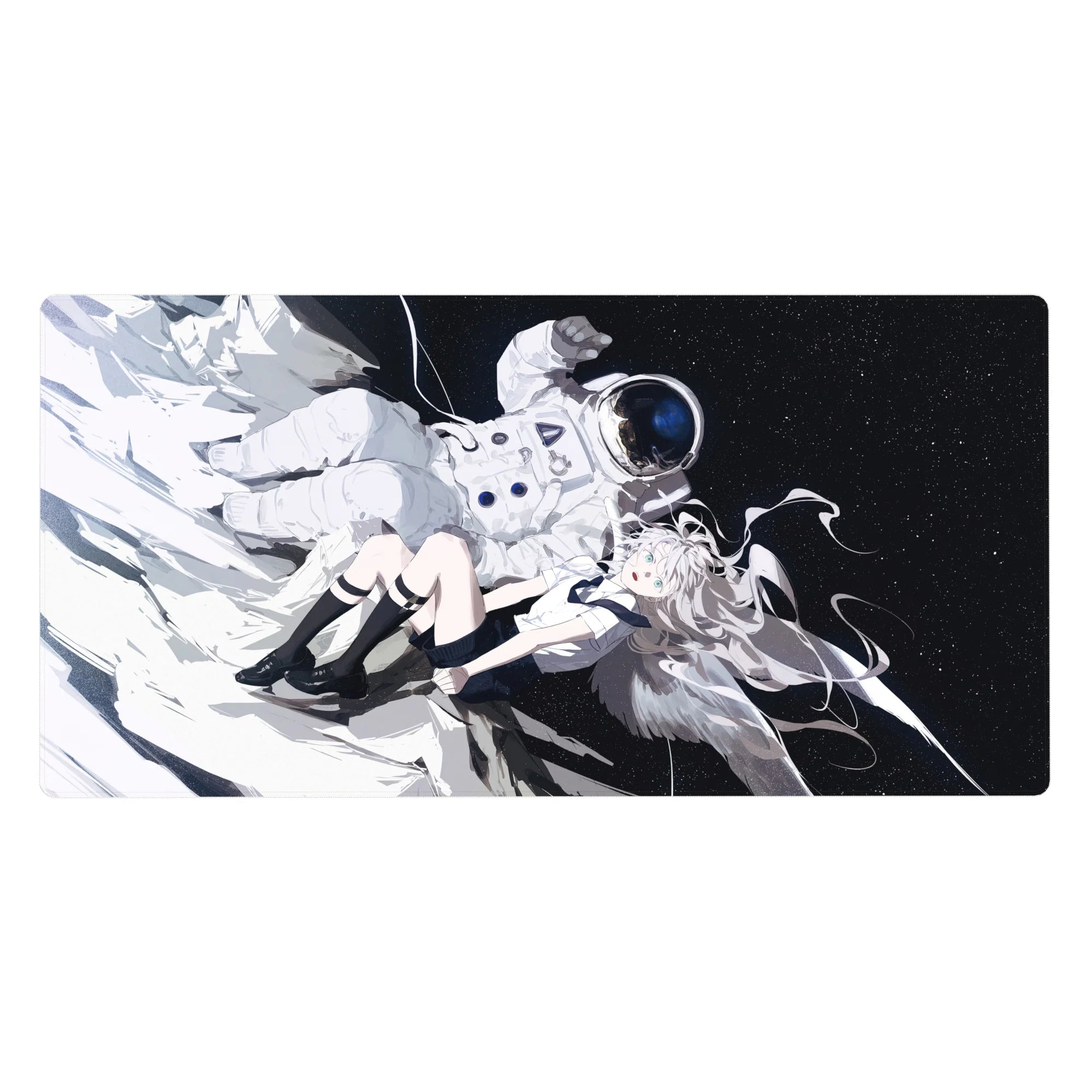 Anime girl desk pad 40x20 inches with silver-haired angel in space, stars, and floating astronaut.