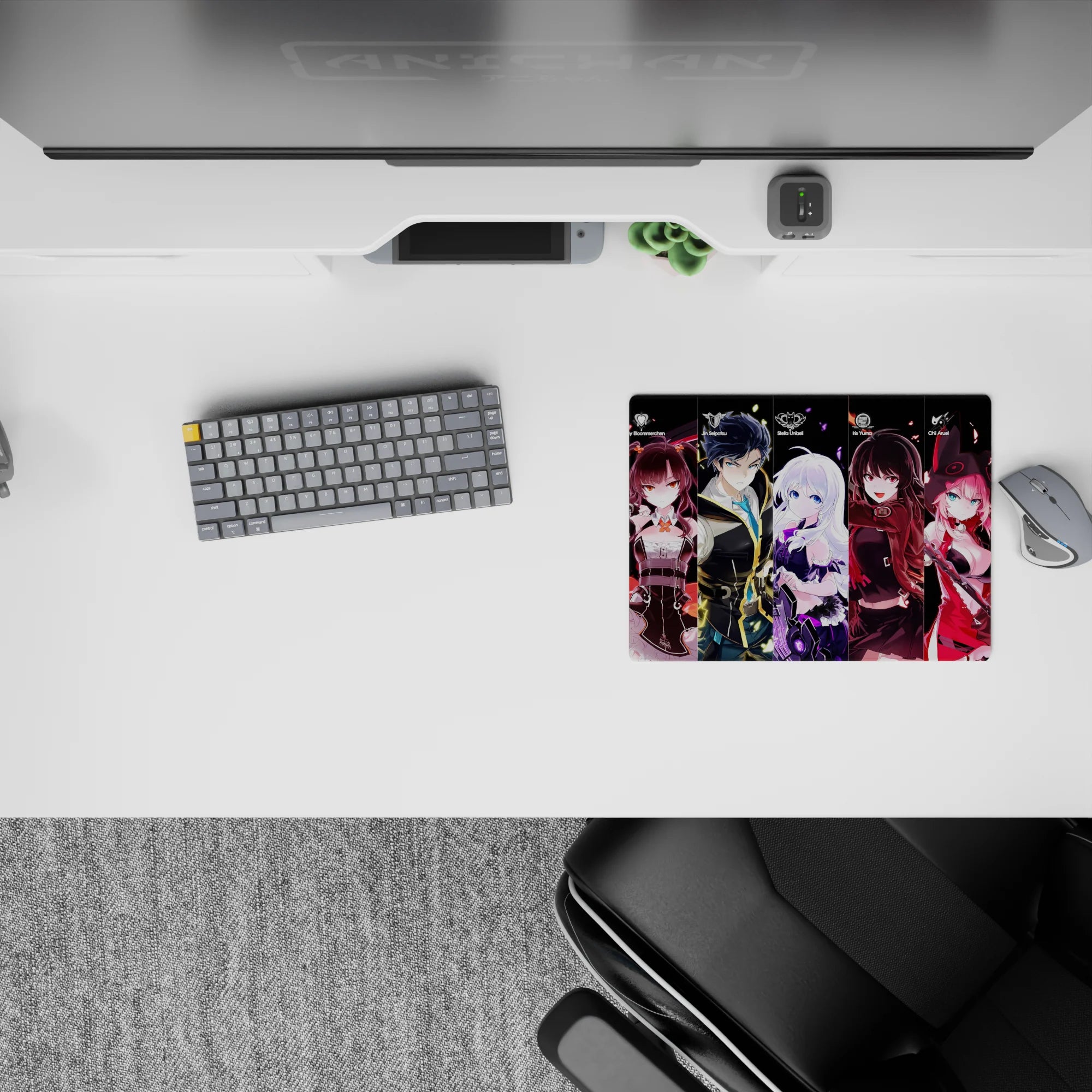 Anime girl mouse pad 14x10 inches in icy white, candy red, violet, and electric green, flirty vibe.