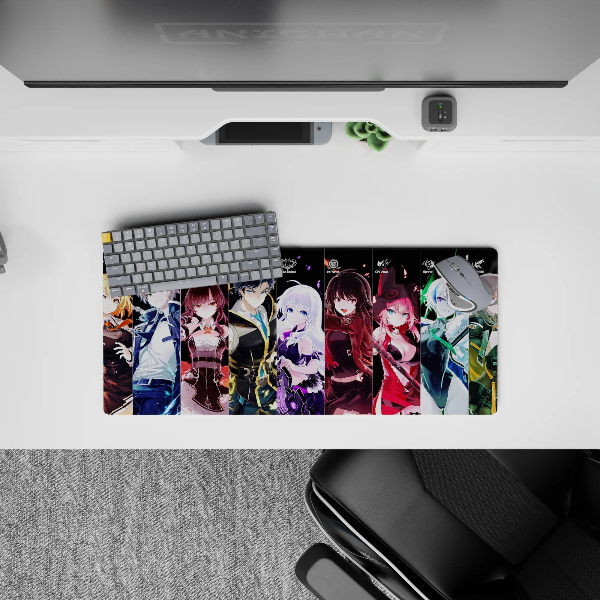 28x12 inches anime girl mouse pad in icy white, candy red, violet, and electric green neon vibe.