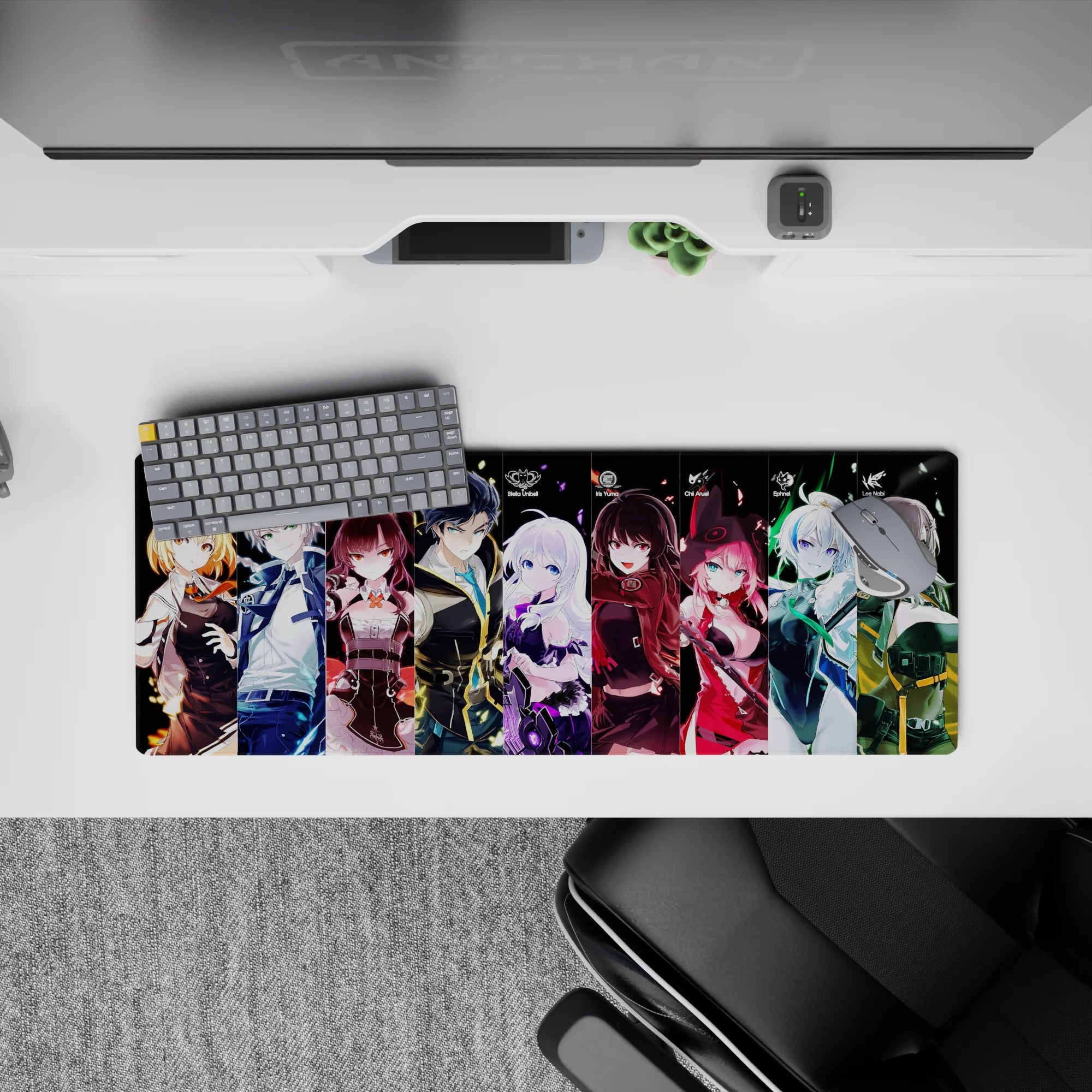 32x12 inches anime girl mouse pad in icy whites, candy reds, violets, and electric greens for late-night gaming.