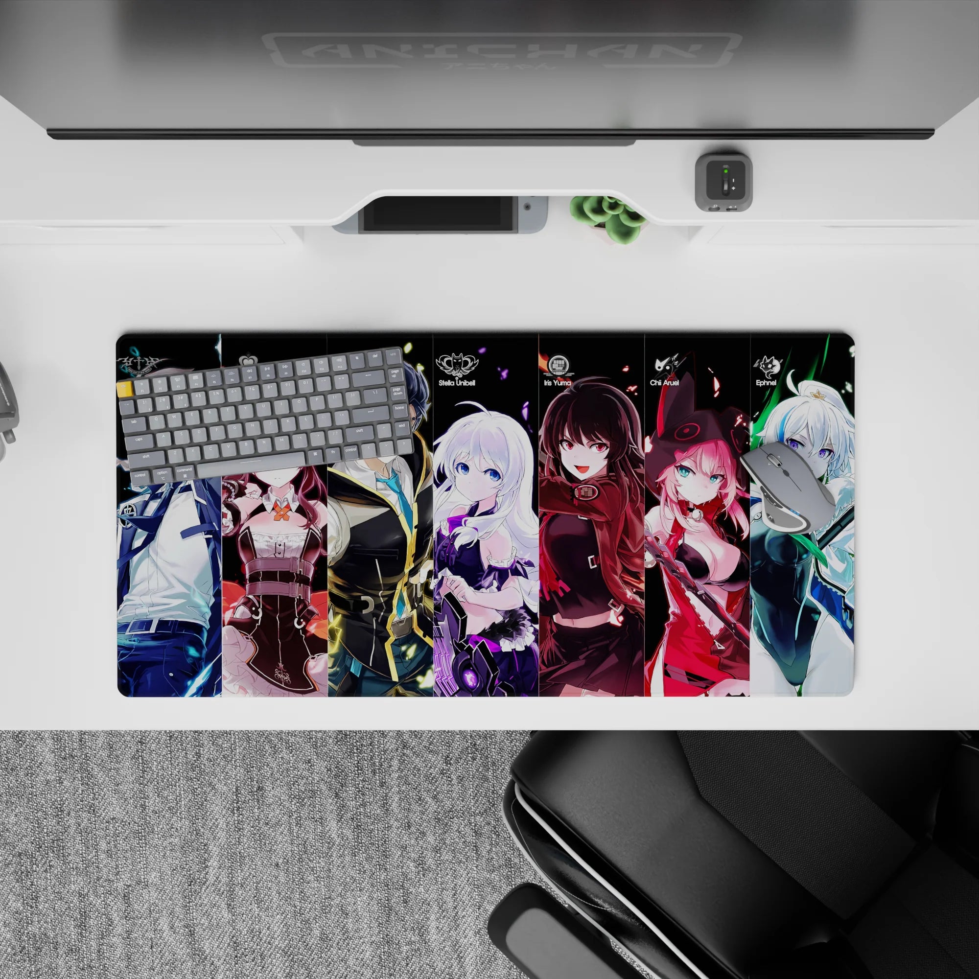32x16 inches anime mouse pad in icy whites, candy reds, violets and electric greens, flirty vibe.