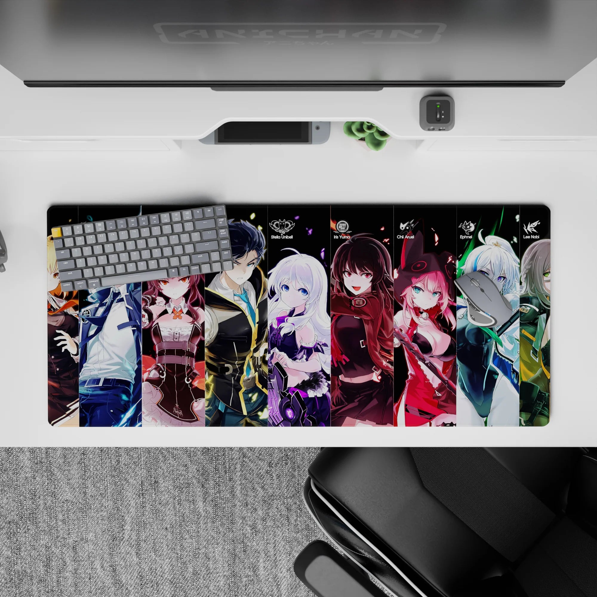36x16 inches anime girl mouse pad in icy whites, candy reds, violets and electric greens, flirty vibe.