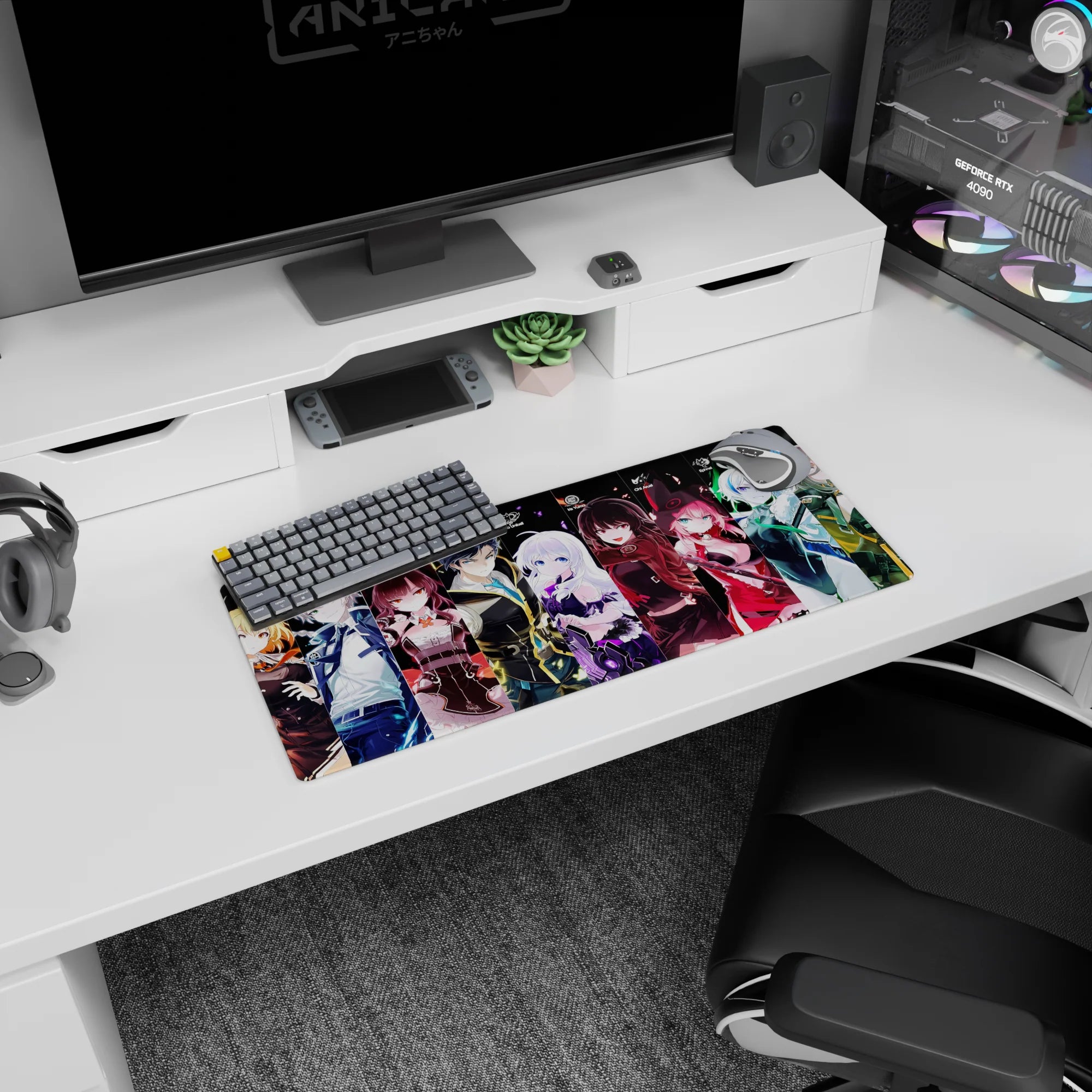 28x12 inches anime girl mouse pad featuring corset girl, red hooded girl, and cap-and-jacket girl.