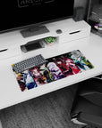 28x12 inches anime girl mouse pad featuring corset girl, red hooded girl, and cap-and-jacket girl.