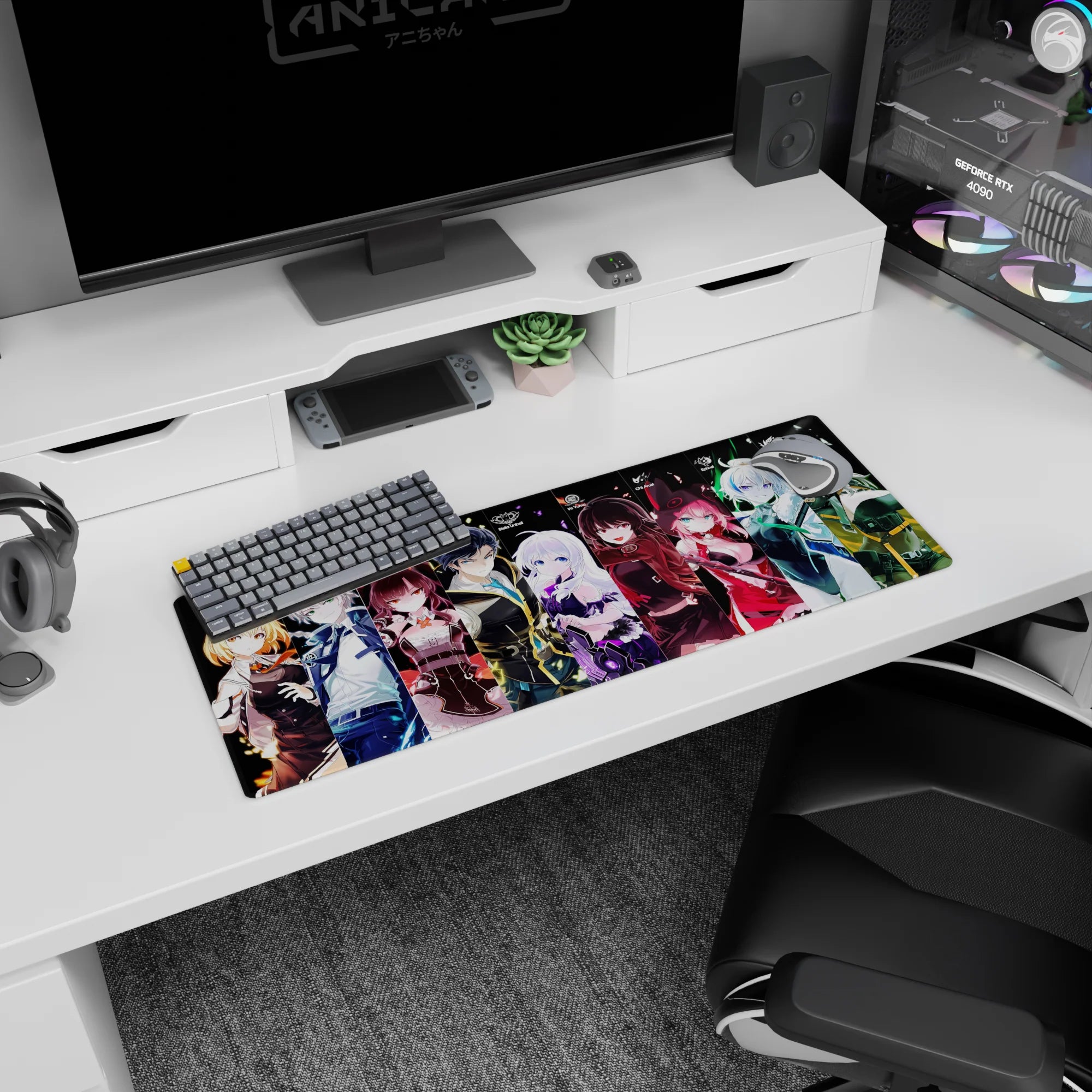 32x12 inches anime girl mouse pad showing confident, flirty girls staring forward like a neon banner on black.