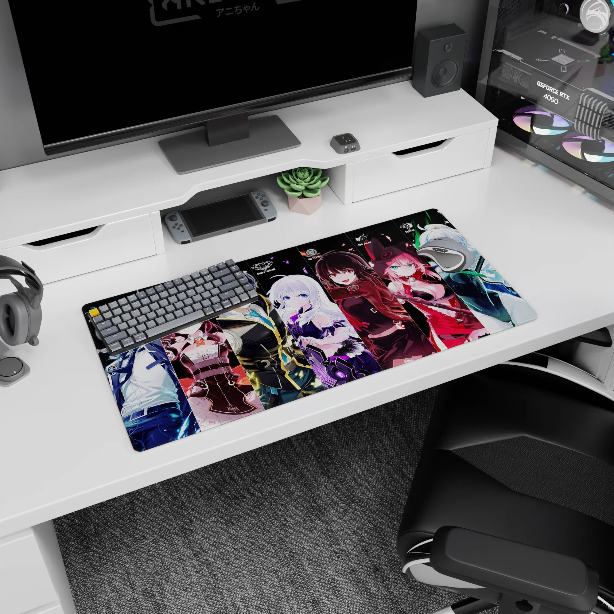 32x16 inches anime girl mouse pad featuring corset girl, red hooded girl, and cap-jacket gamer pose.