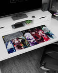 32x16 inches anime girl mouse pad featuring corset girl, red hooded girl, and cap-jacket gamer pose.