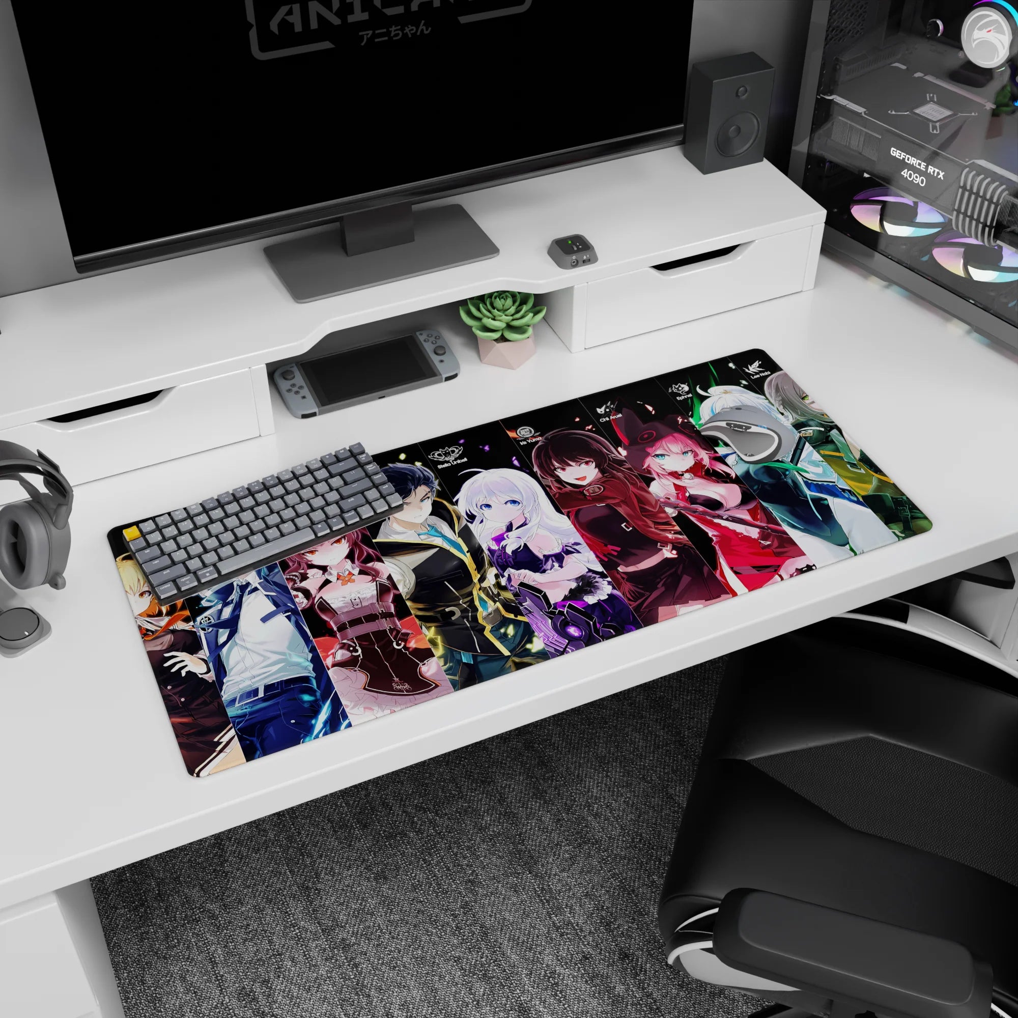 36x16 inches desk pad showing corset girl, crimson hooded girl, and cap-and-jacket anime squad staring forward.