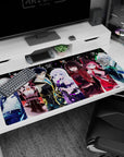 40x20 inches anime desk pad scene with corset girl, red-hooded girl, and cap-jacket girl posing.